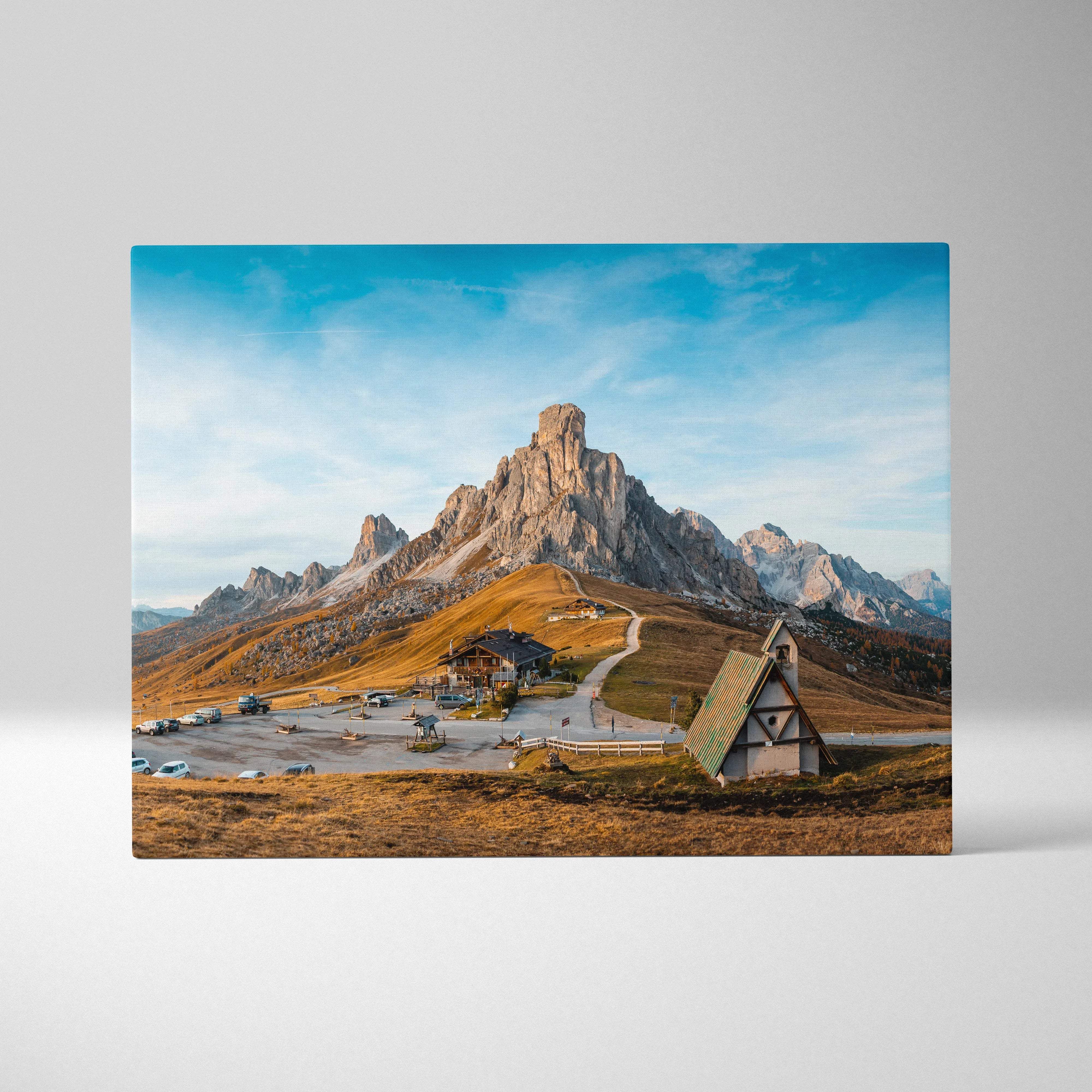 Canvas print of Dolomite Peaks, Giau Pass church in golden hour