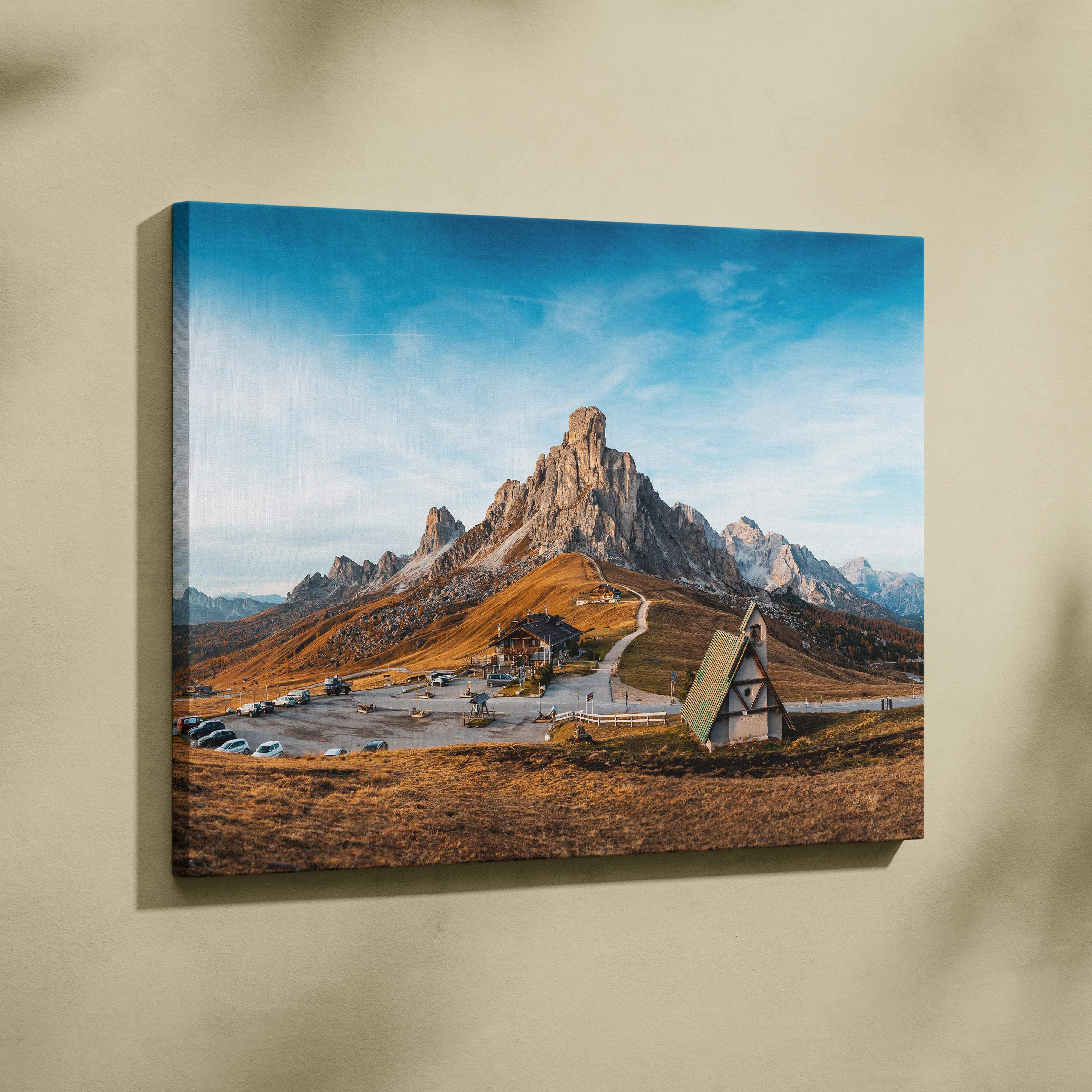 Canvas print of Dolomite Peaks, Giau Pass church in golden hour