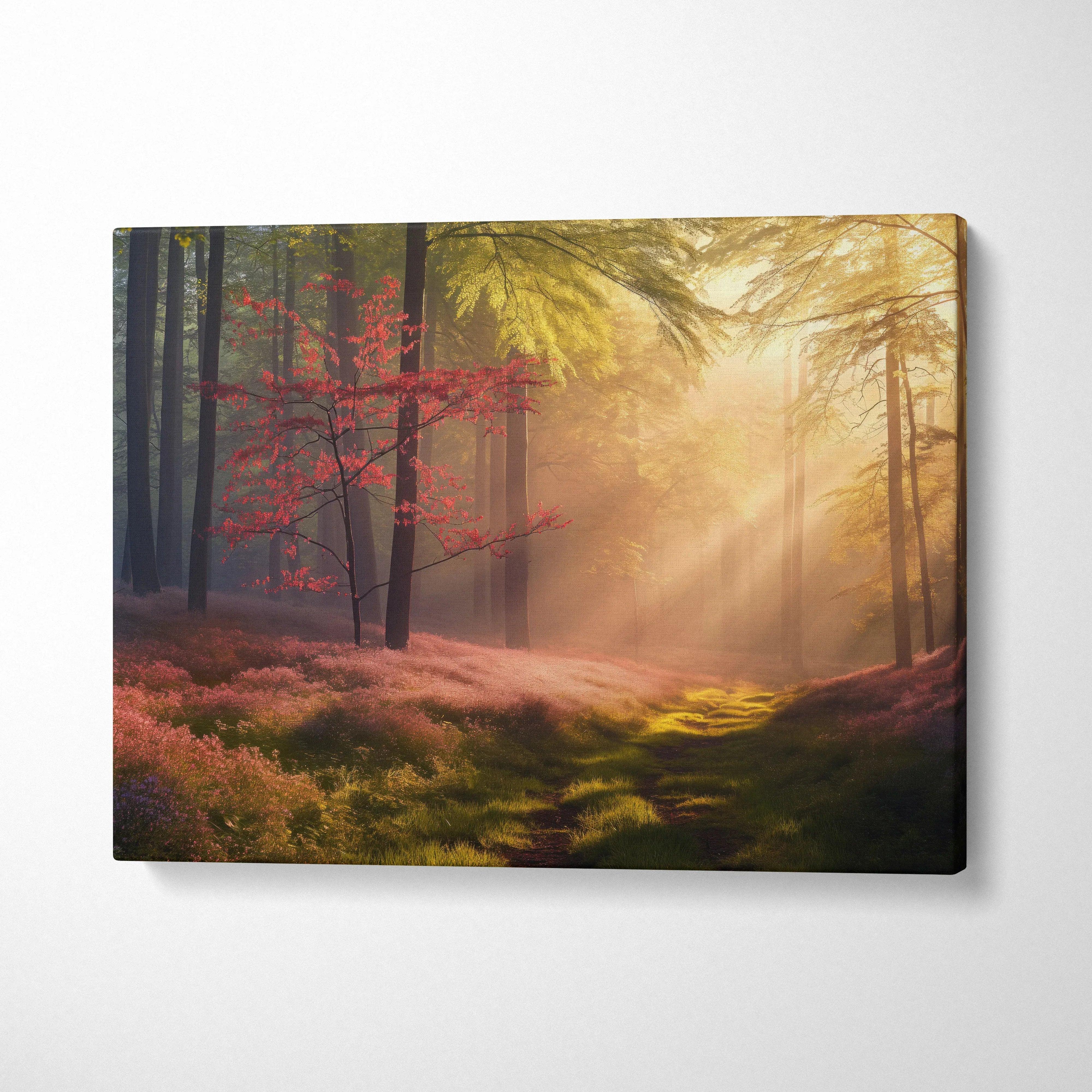 Forest sunset landscape canvas wall art with sunlight streaming through autumn trees and colorful foliage decor.