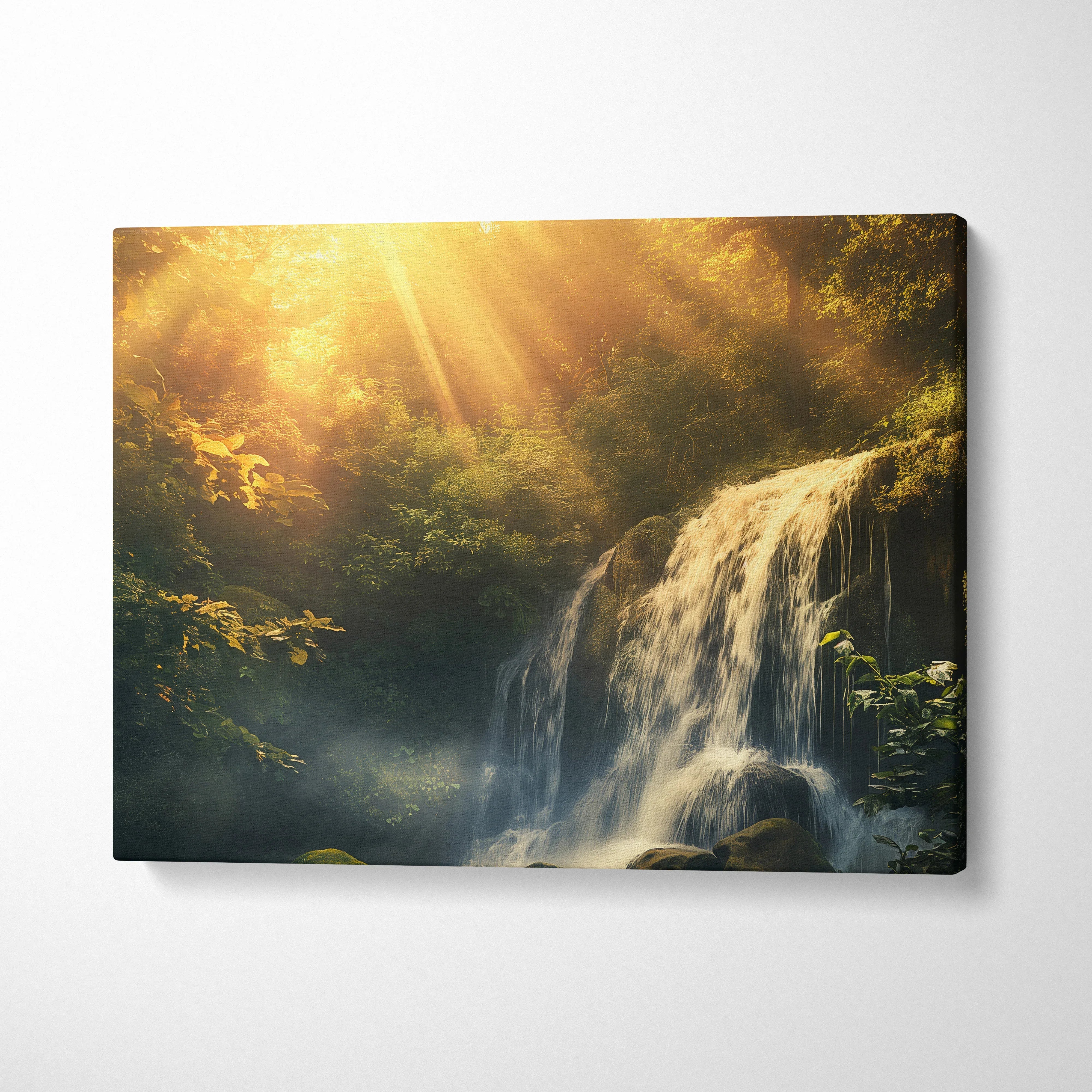 Golden sunset waterfall flowing through lush forest on canvas wall art decor.