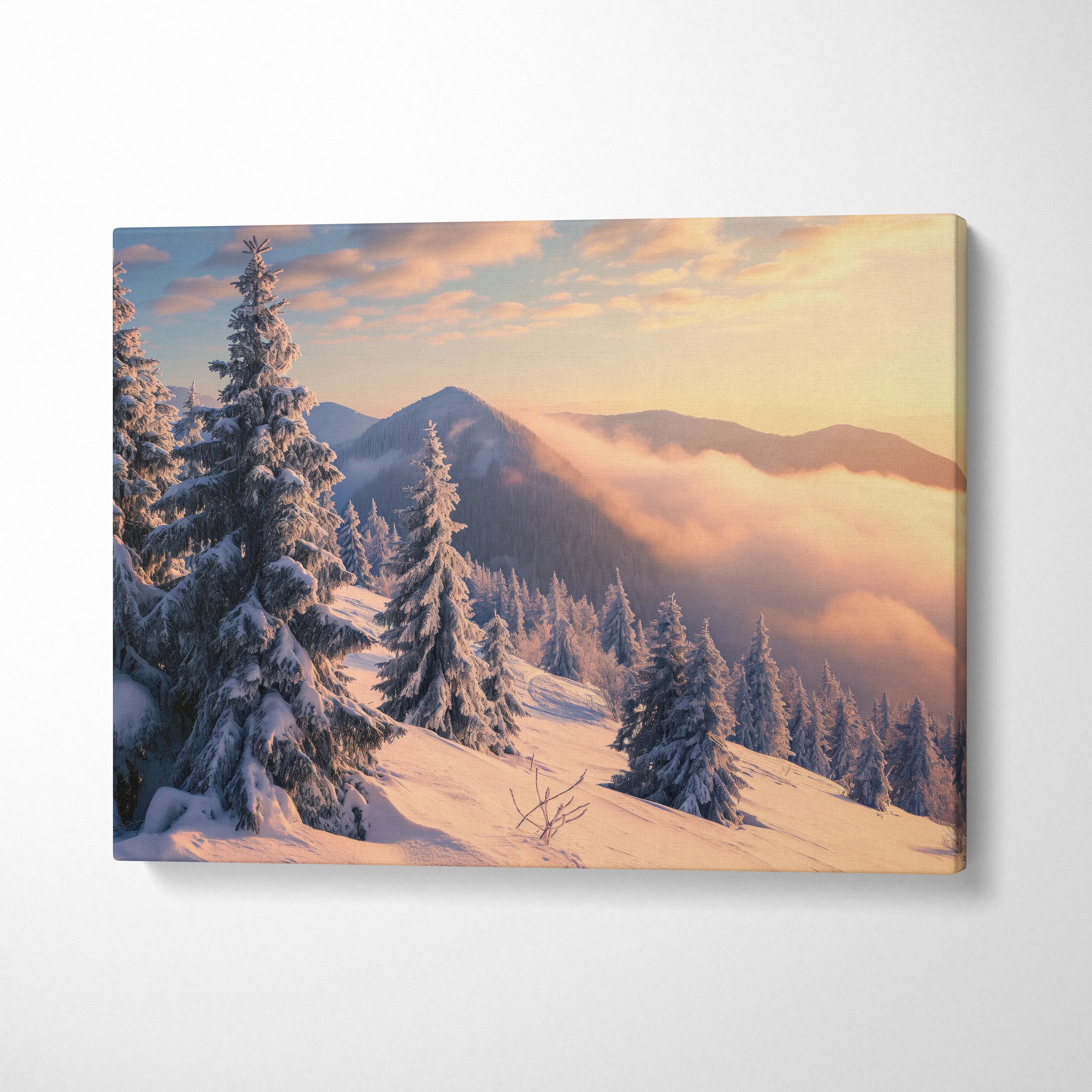 Snowy mountain sunset winter landscape canvas wall art with soft pastel sky and frosted pine trees.
