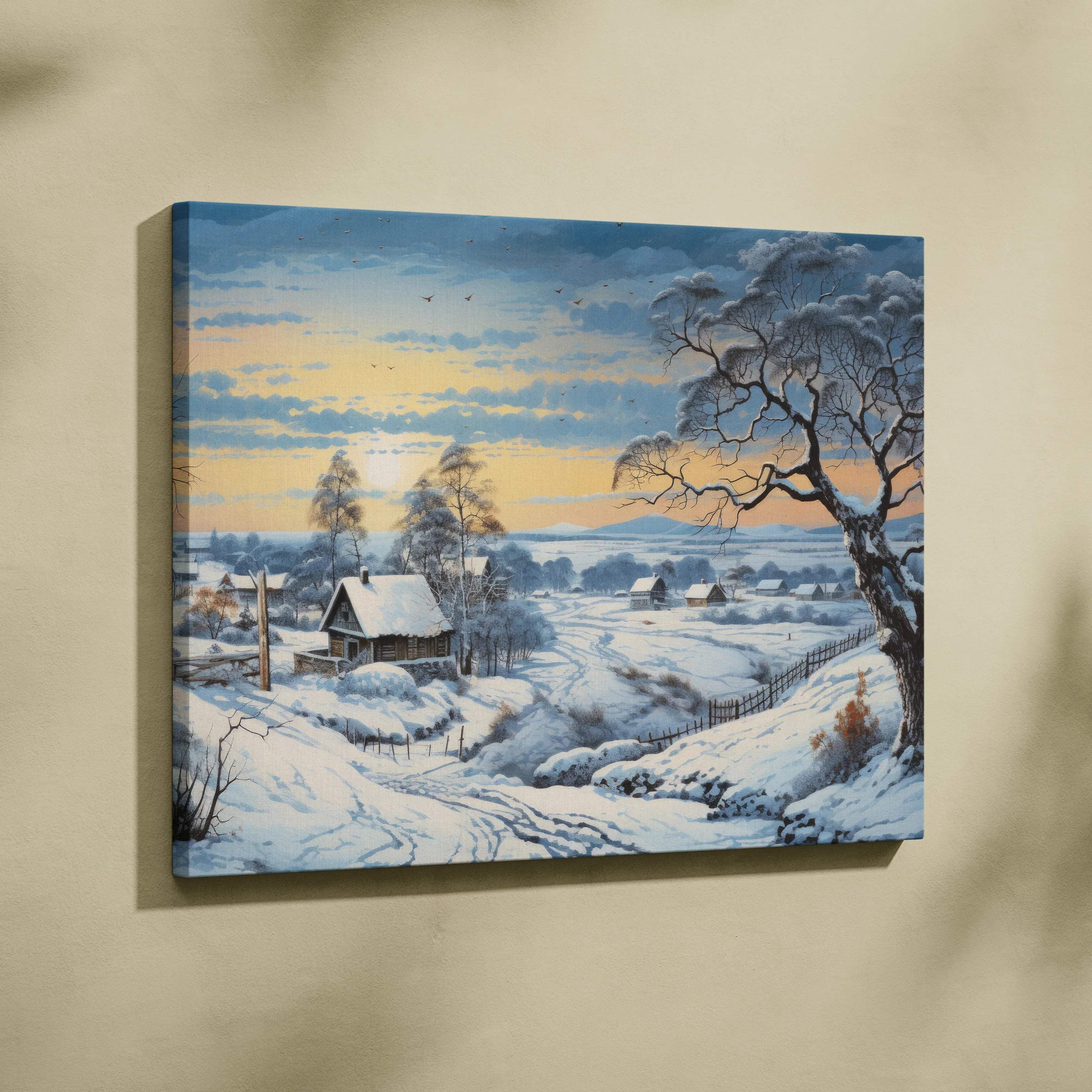 Traditional winter landscape canvas wall art featuring a snow-covered village with muted blues and golden sunrise hues