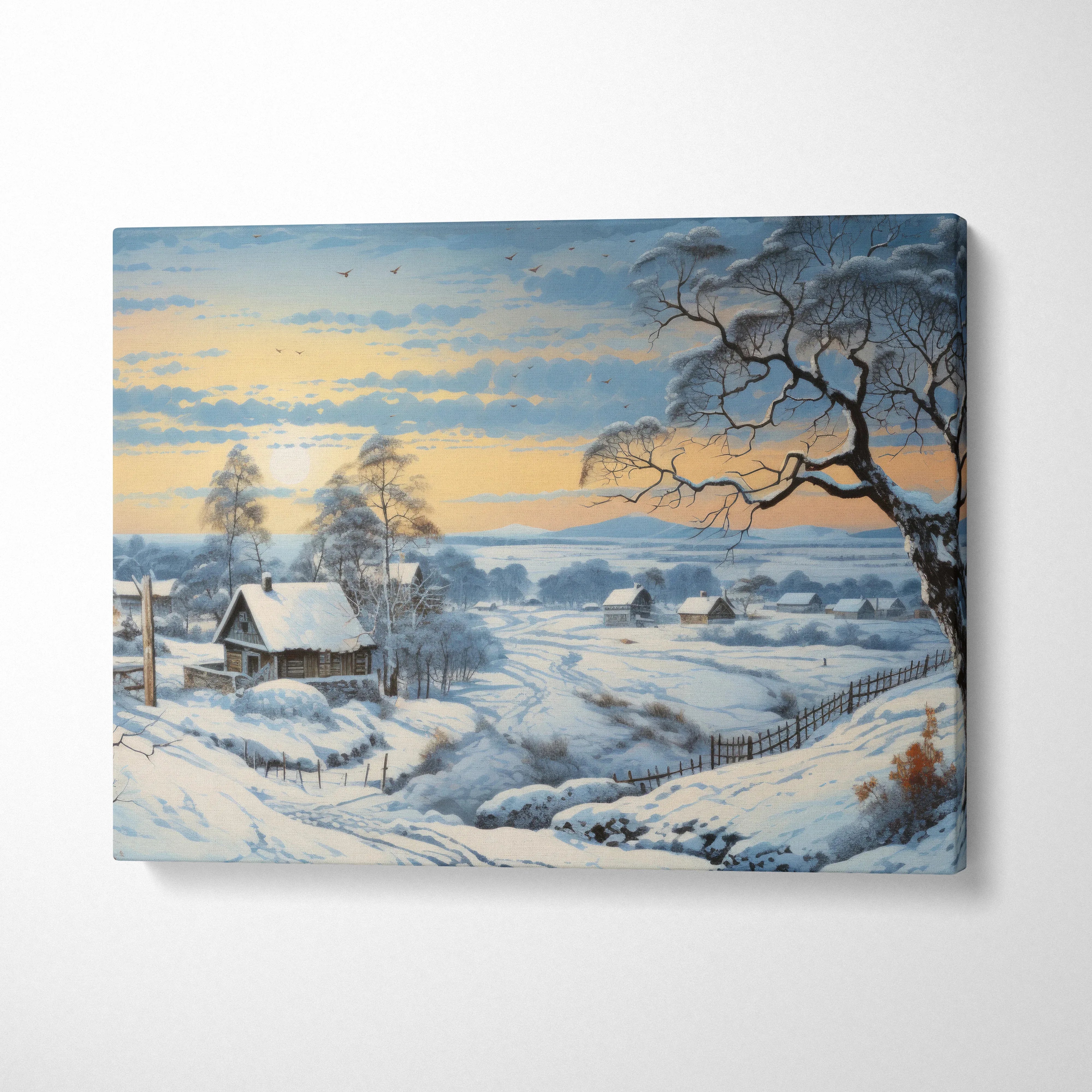 Snowy winter landscape canvas wall art with cabin, frosted trees, and serene sunset decor.