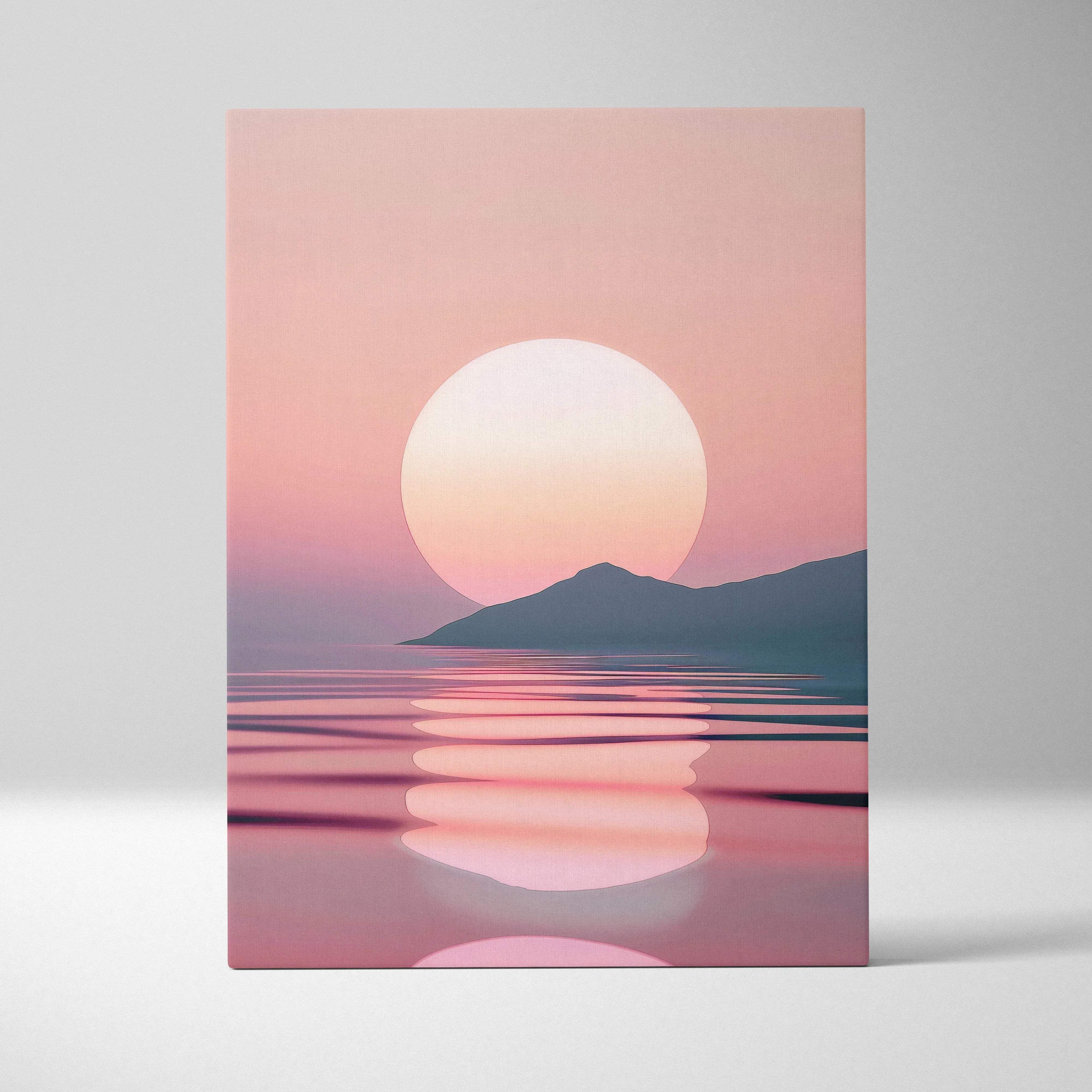 Minimalist pastel pink and peach sunset canvas print with serene mountain reflection for living room decor