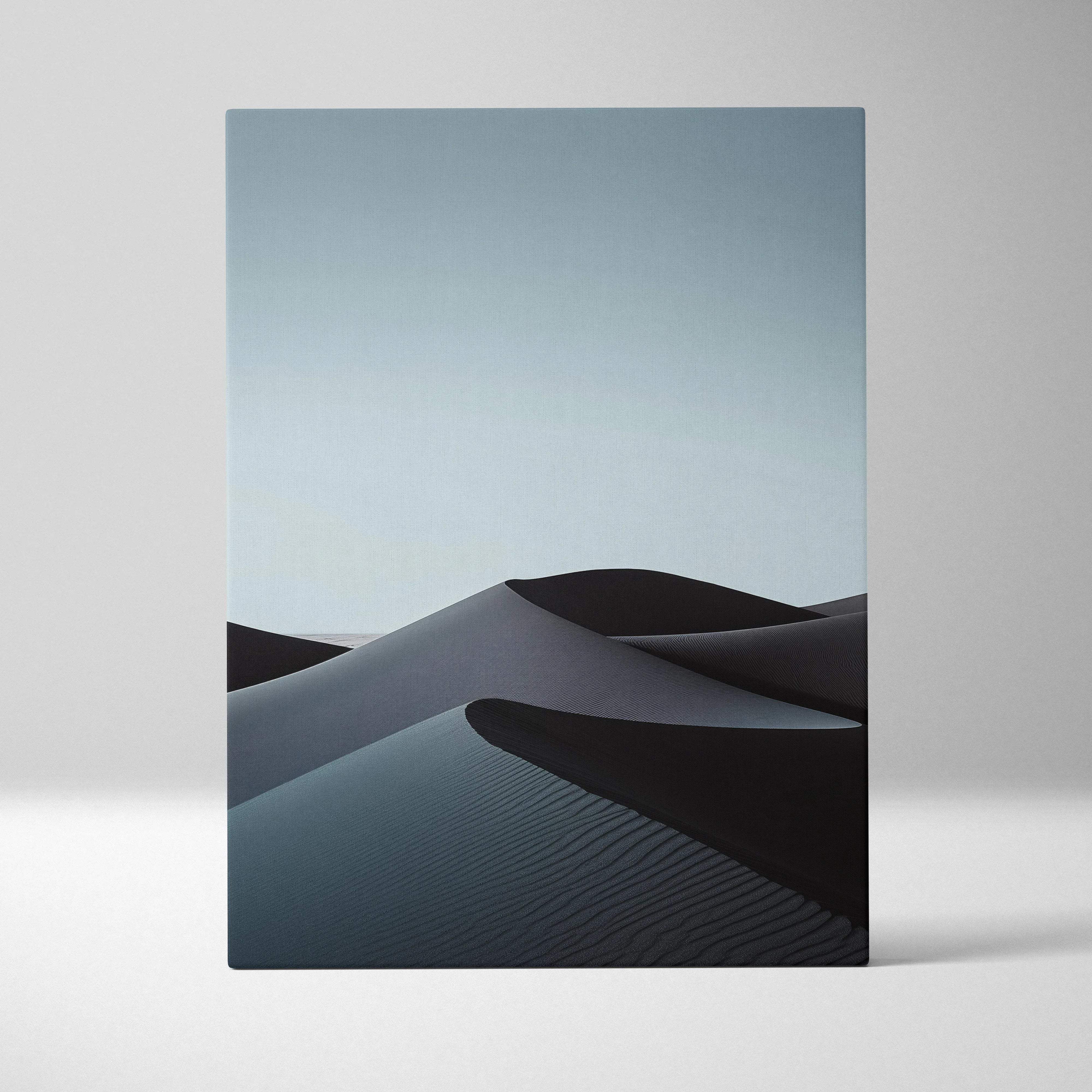 Minimalist desert dunes canvas wall art featuring smooth blue and gray sand dunes under a soft gradient sky for modern decor