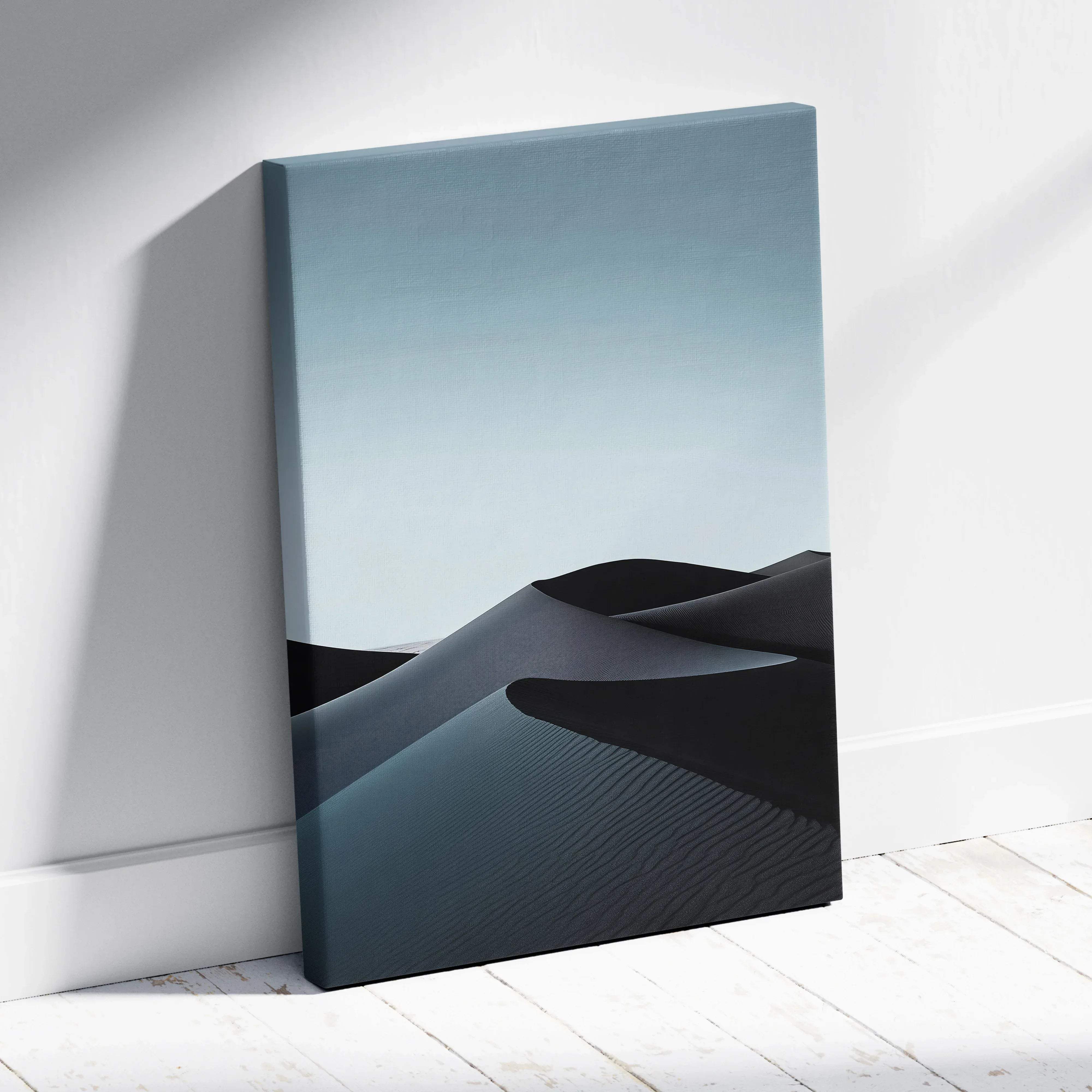 Minimalist canvas print of serene desert dunes in black and blue calm tones for modern living room decor