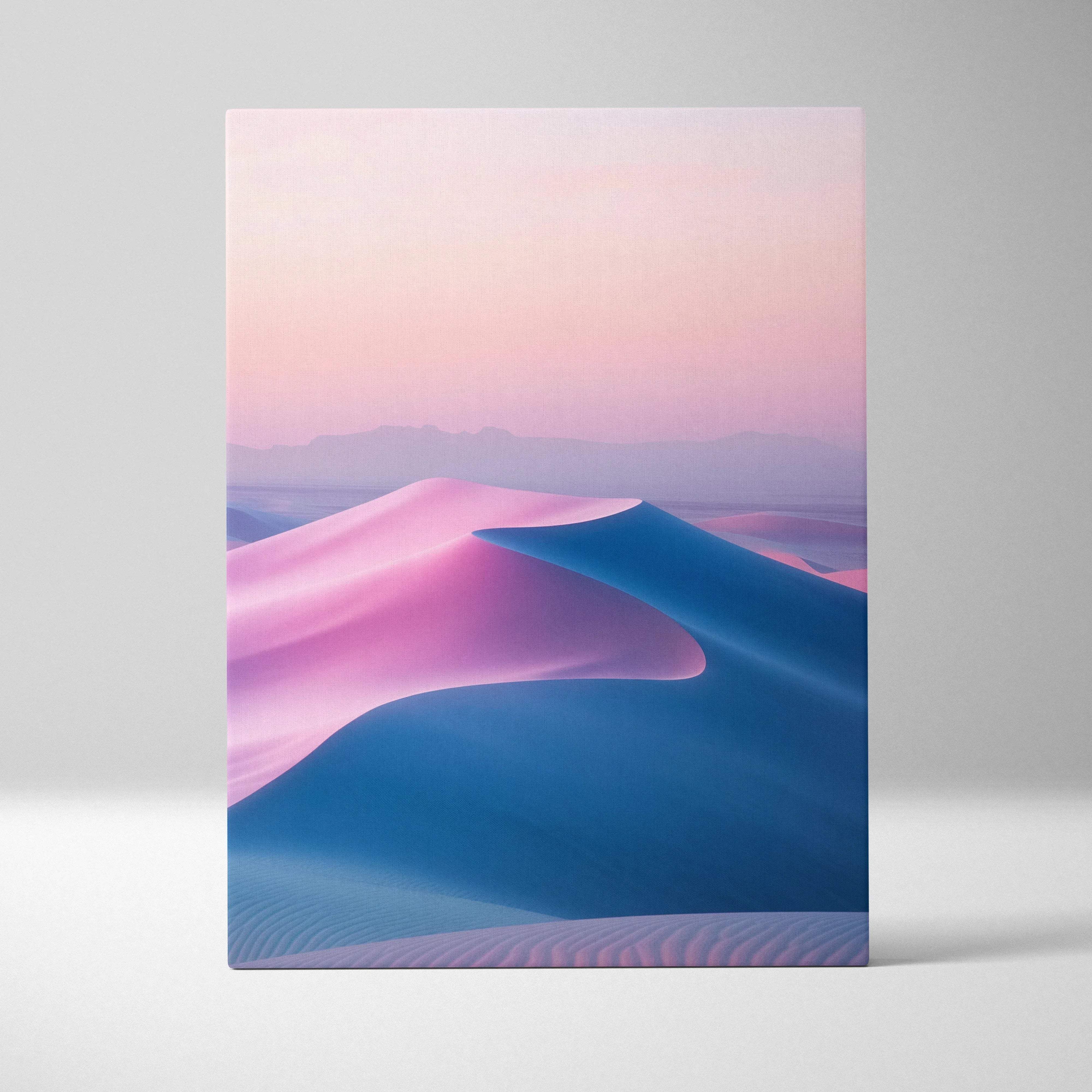 A rectangular canvas print of a surreal desert landscape with pink and blue sand dunes under a pastel sky