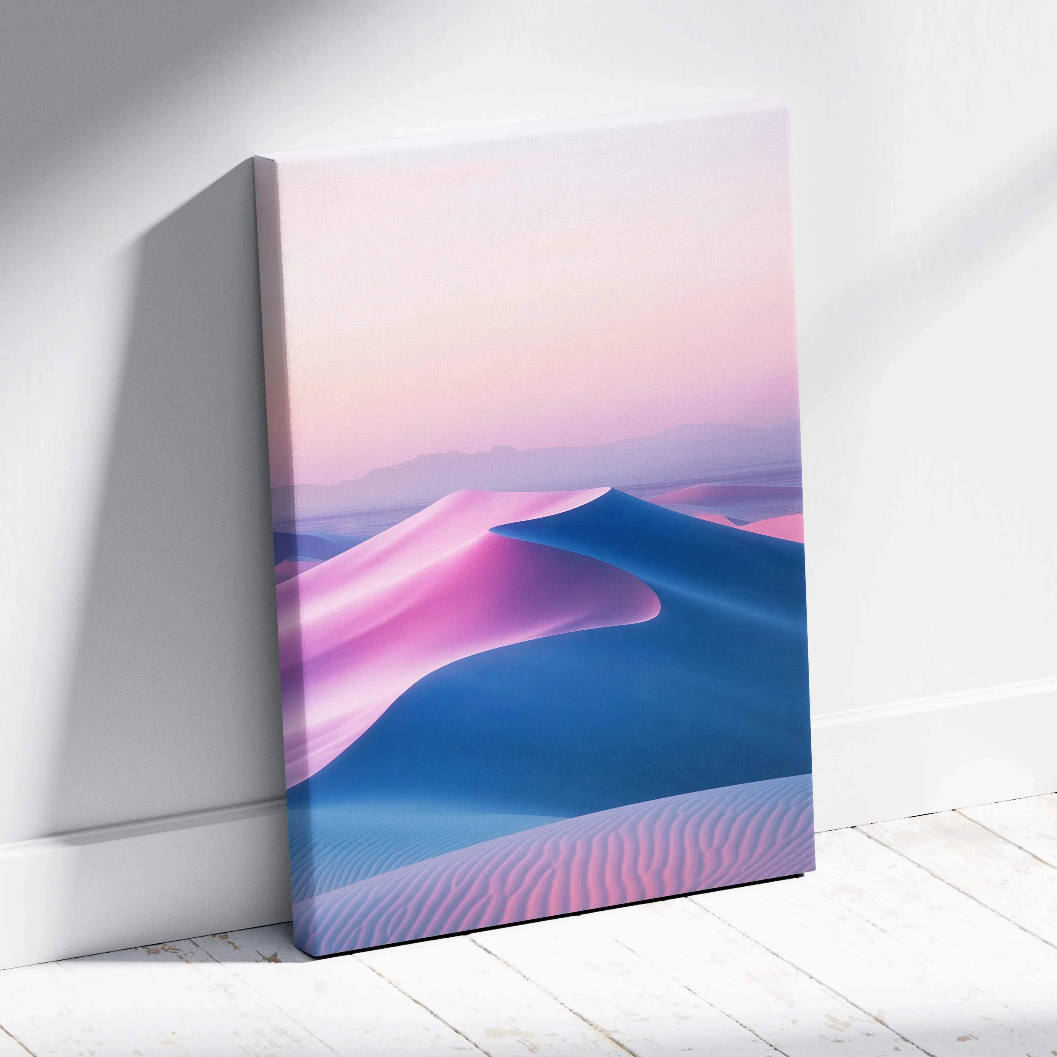 A vibrant minimalist canvas print of sweeping pink and blue sand dunes under a pastel sunset sky for calm interiors