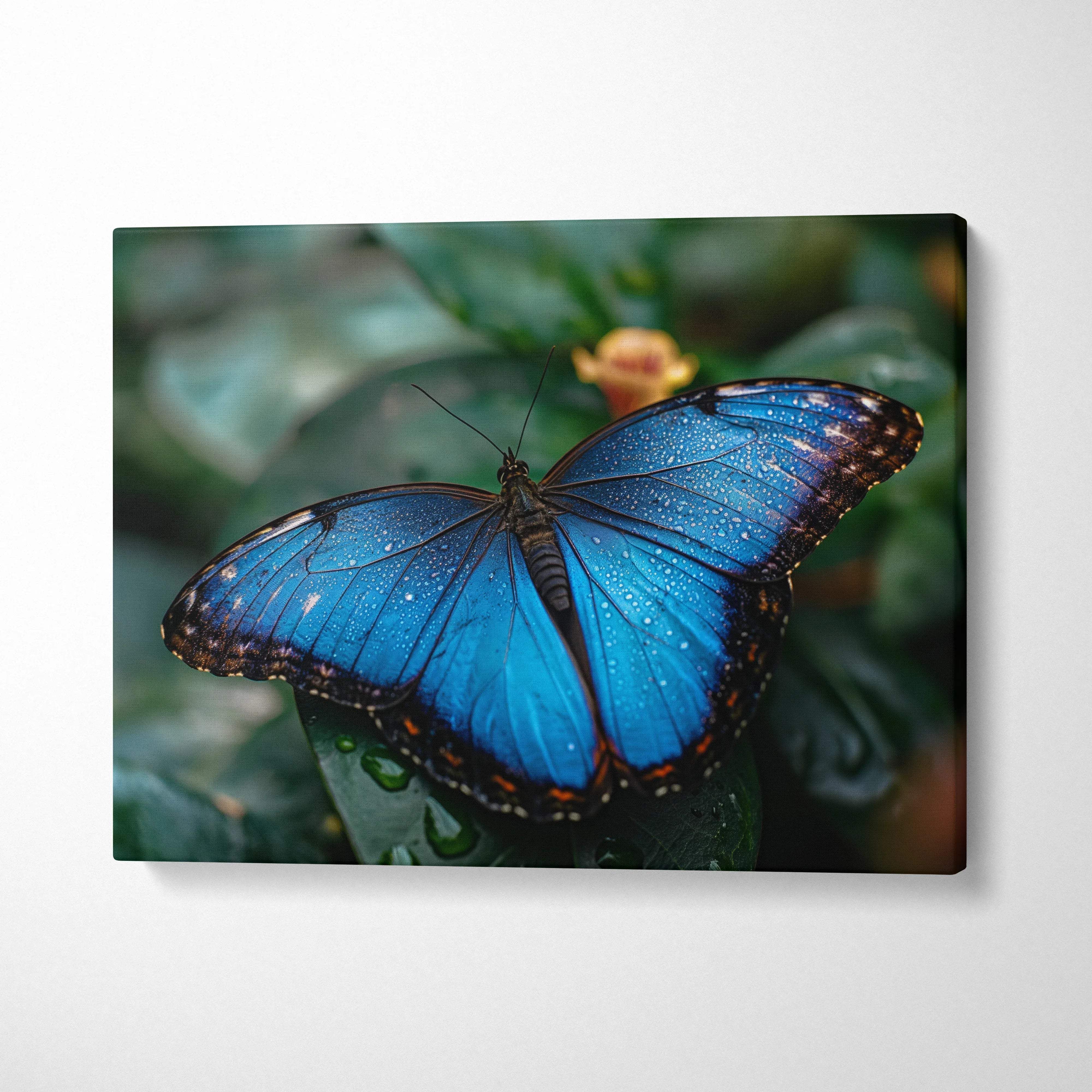 Vibrant blue butterfly canvas wall art from Visionary Collection on dewy leaves