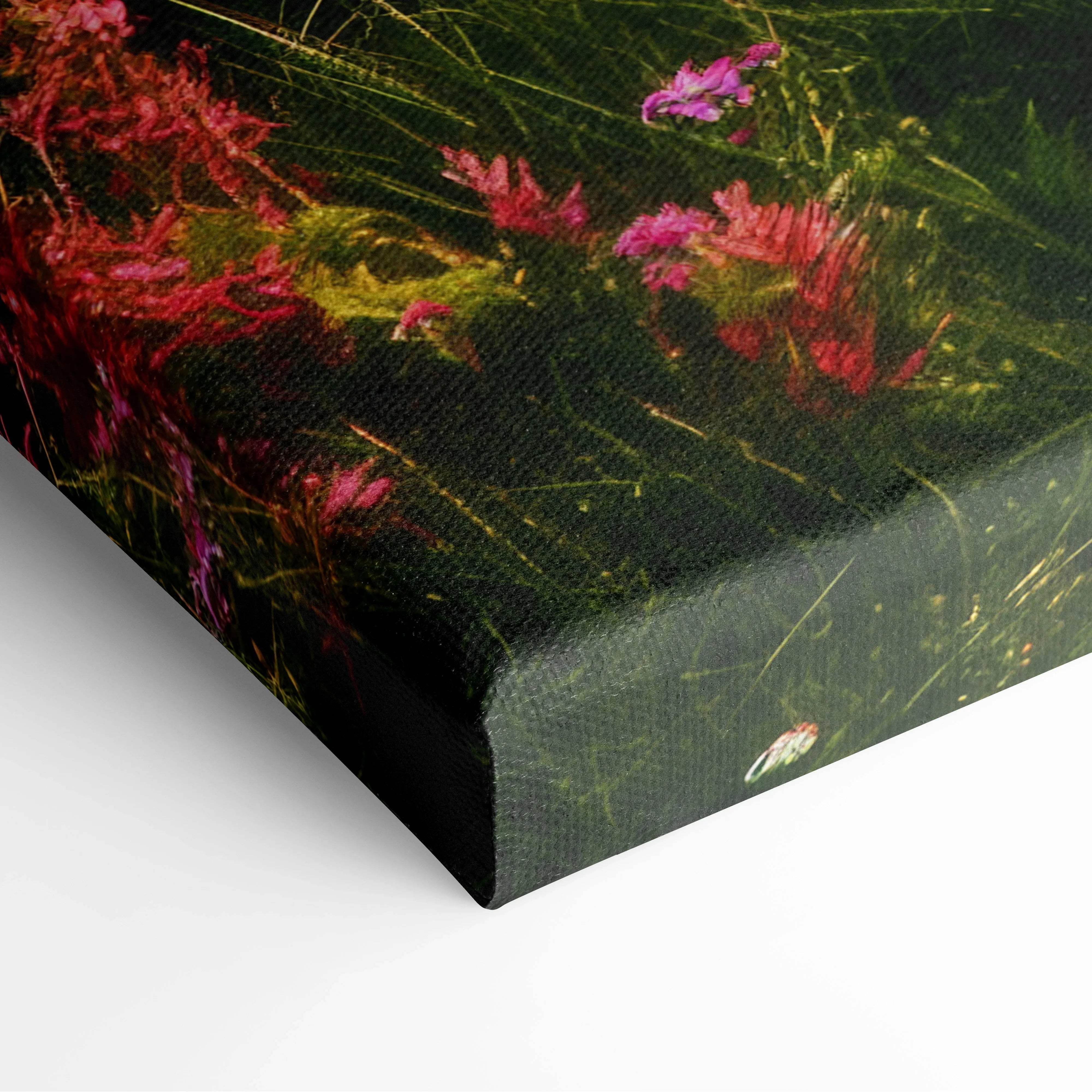 Vibrant canvas print of misty mountain valley path with pink purple wildflowers