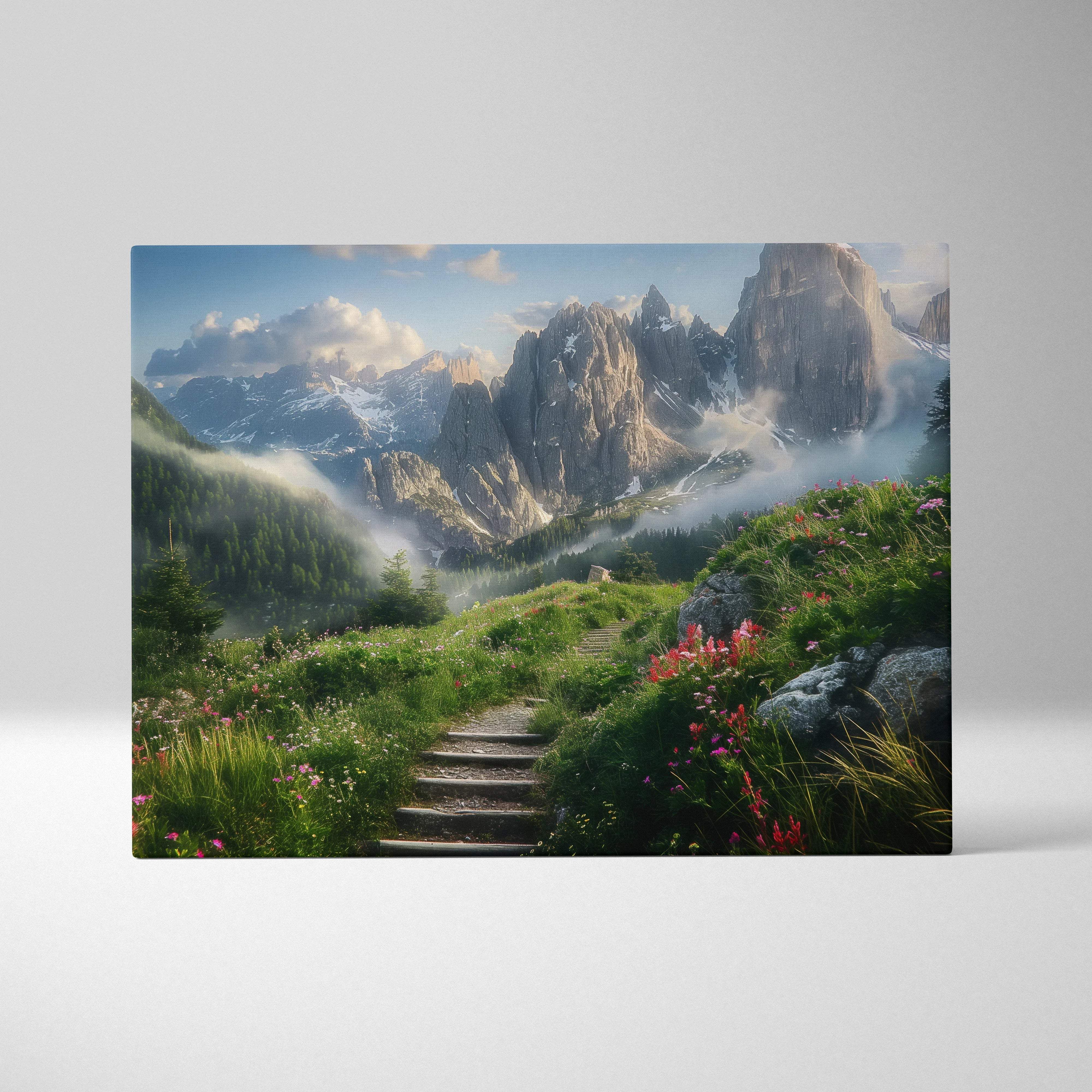 Mountain range canvas wall art with misty valley path and wildflowers