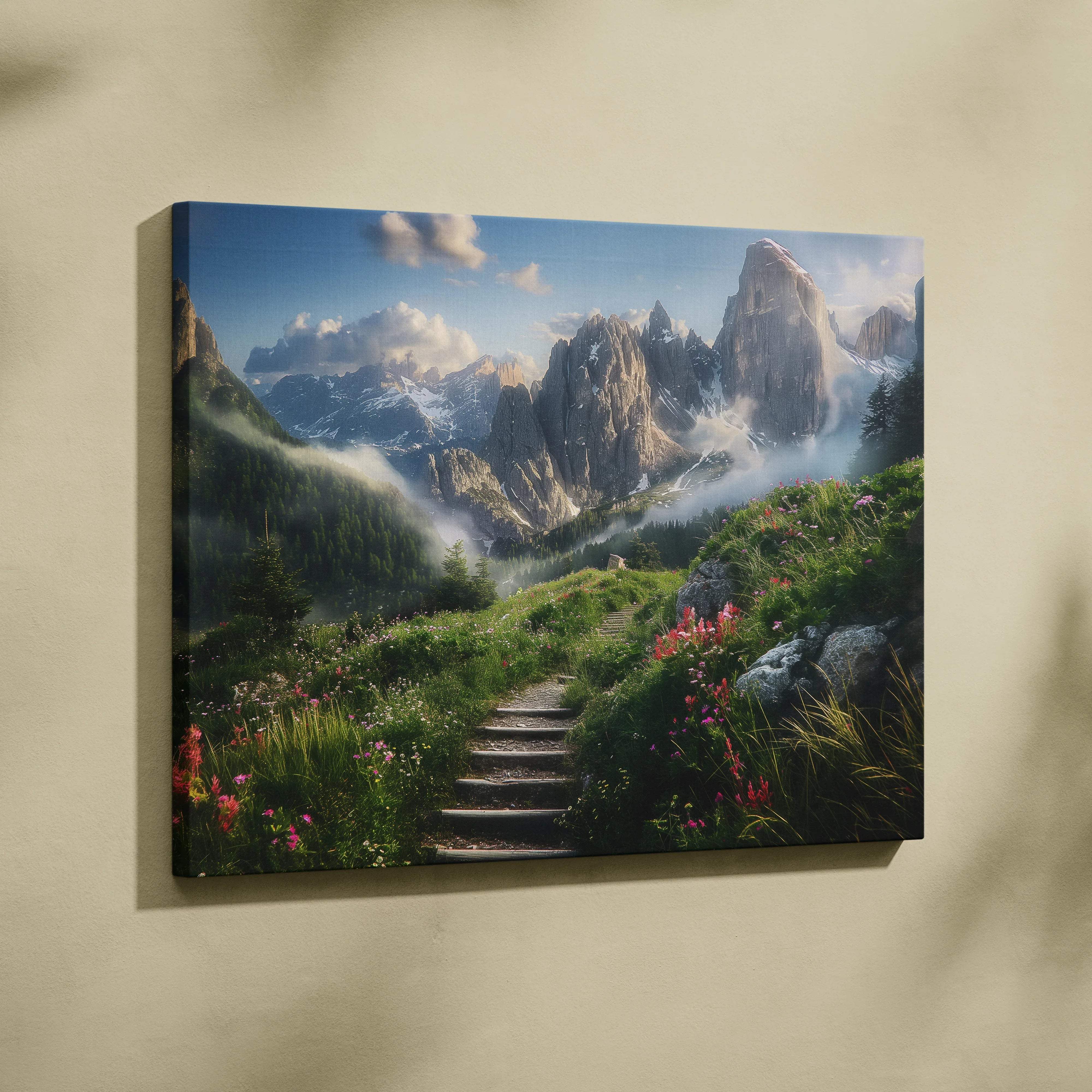 Canvas print of misty morning mountain path with flowers and peaks
