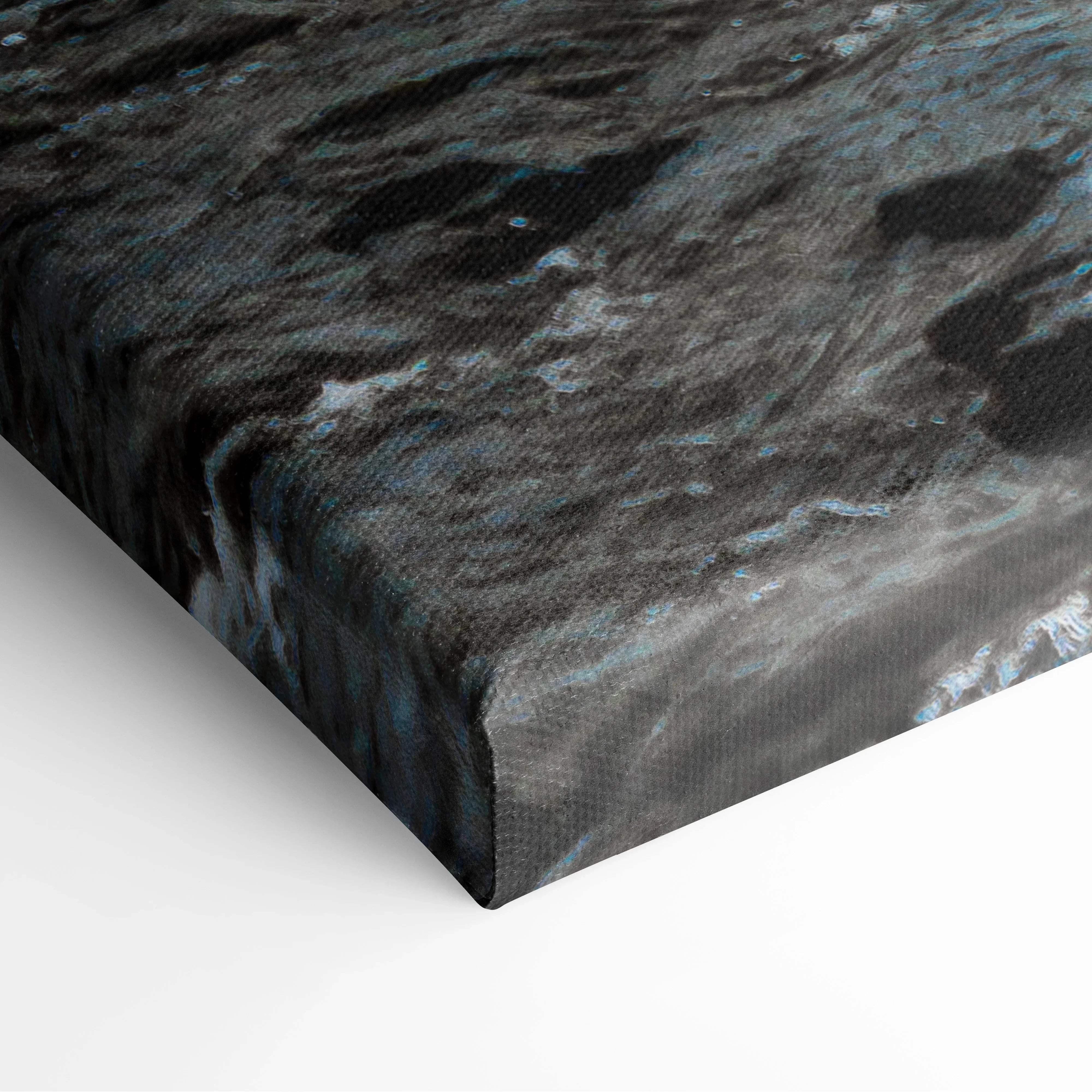 A textured canvas print of a dark swirling abstract design with teal and gray for serene nature wall art