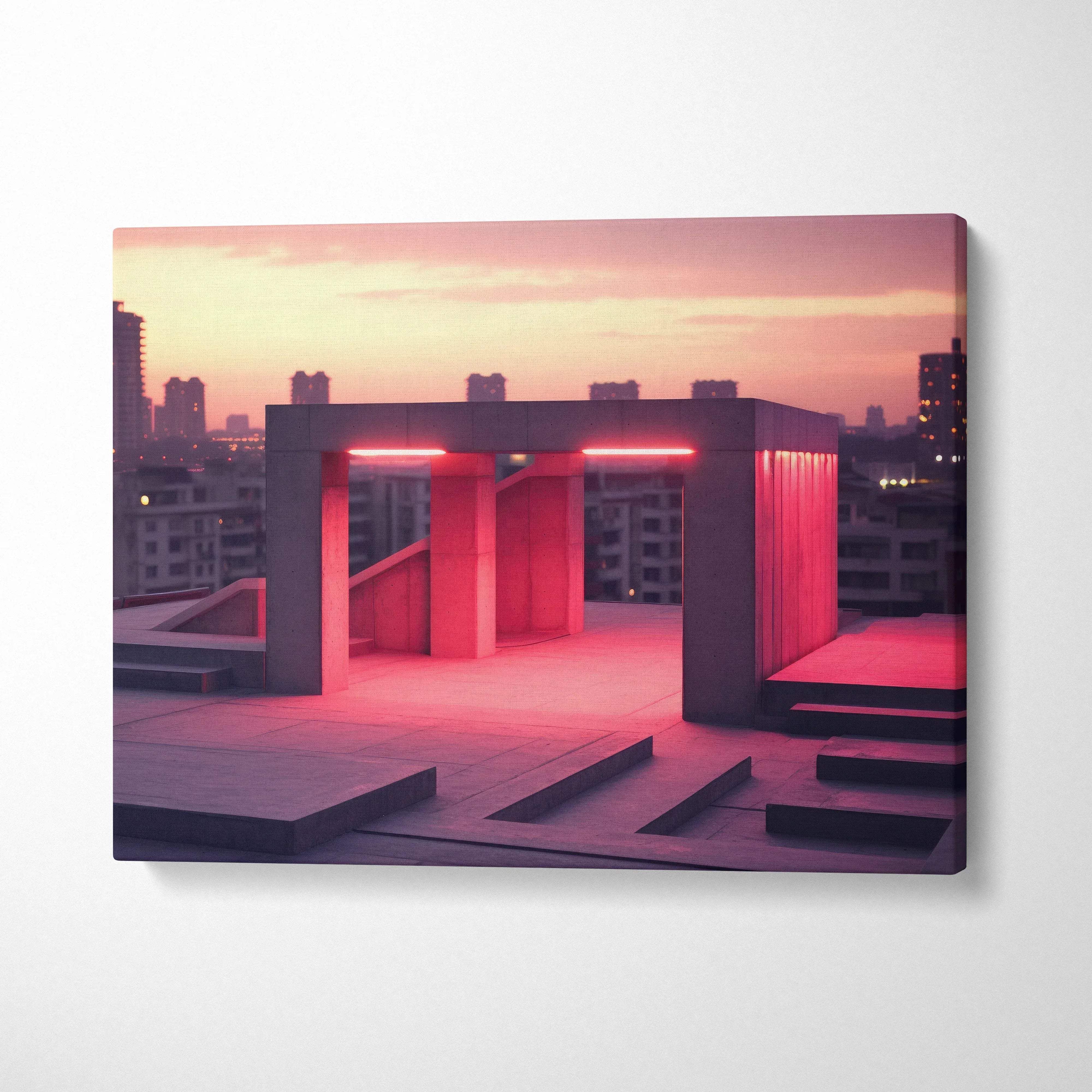 Abstract digital canvas art with pink and purple tones depicting a rooftop structure at sunset wall art.