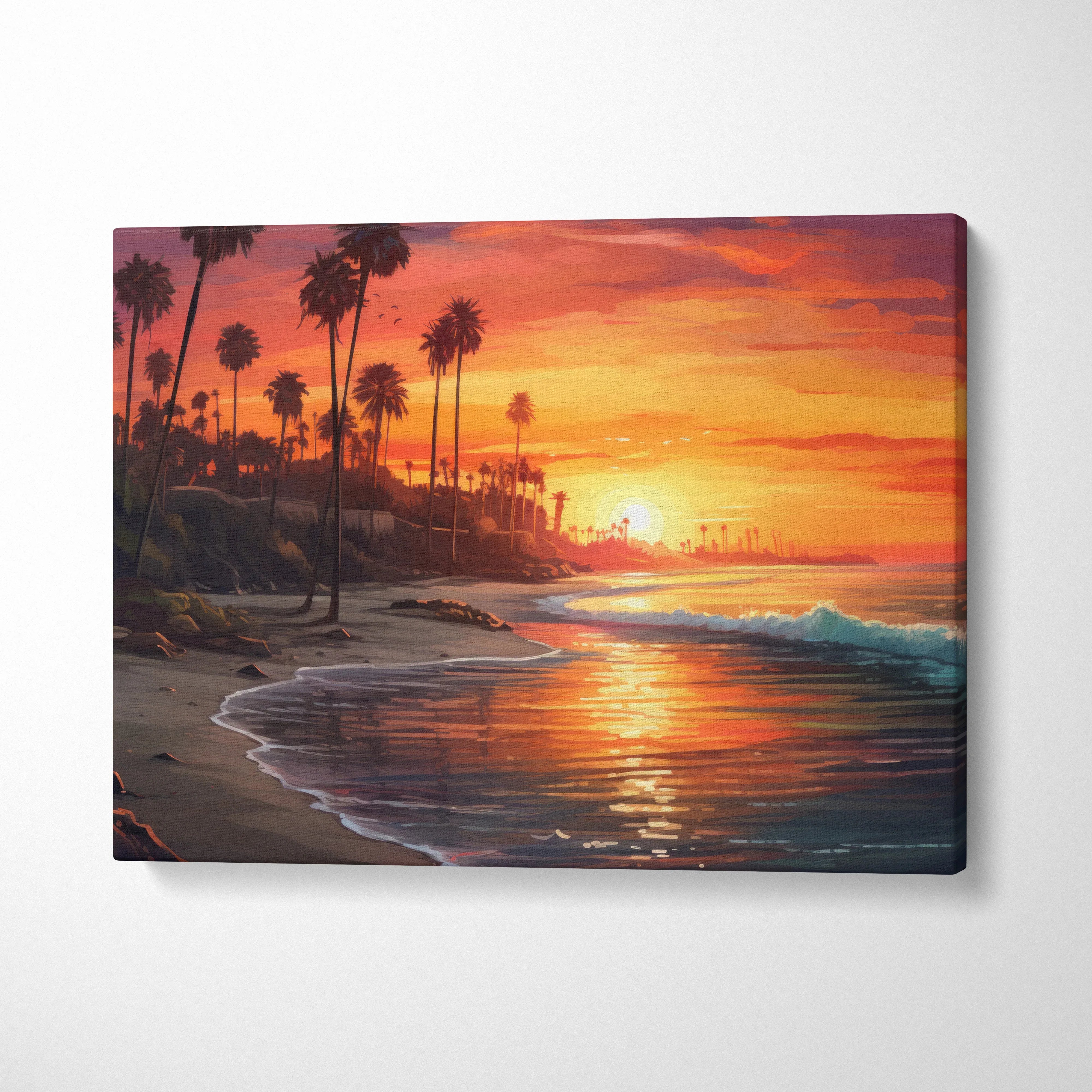 Canvas print of California Coast sunset with palm trees and ocean waves