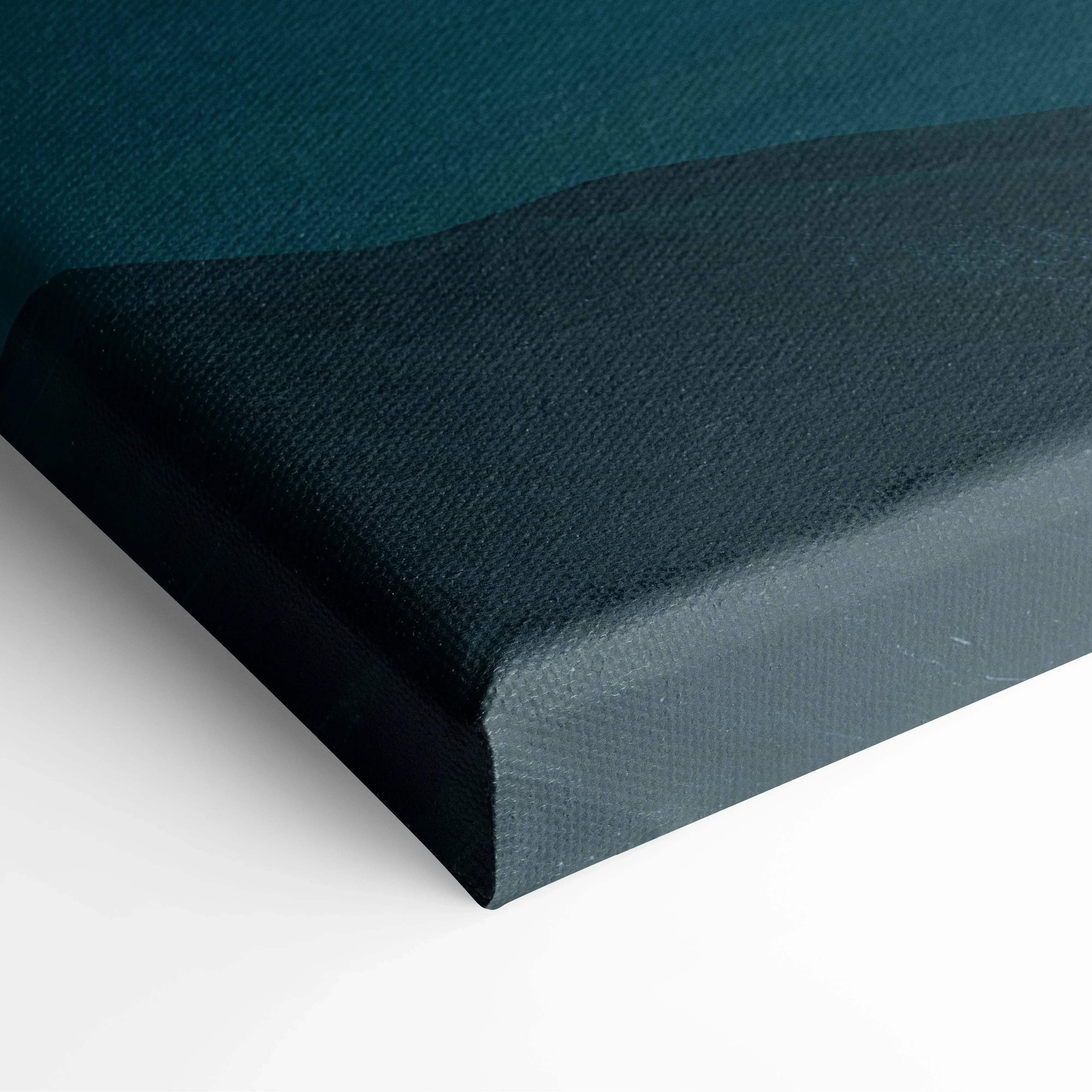 Modern minimalist mountain landscape canvas wall art in dark teal with textured woven surface for living room decor
