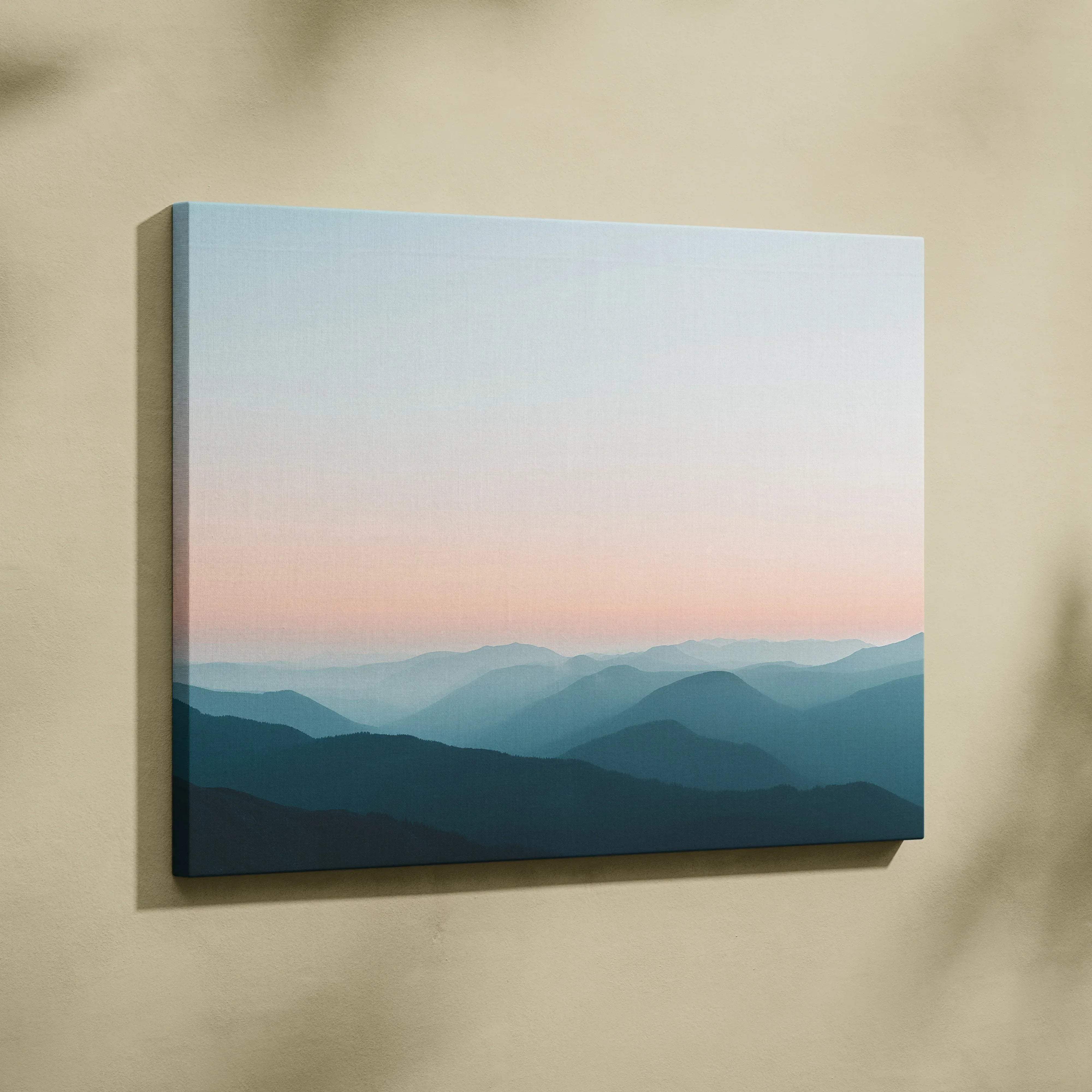 A rectangular canvas print of a modern minimalist mountain landscape with calming pastel sky for living room decor