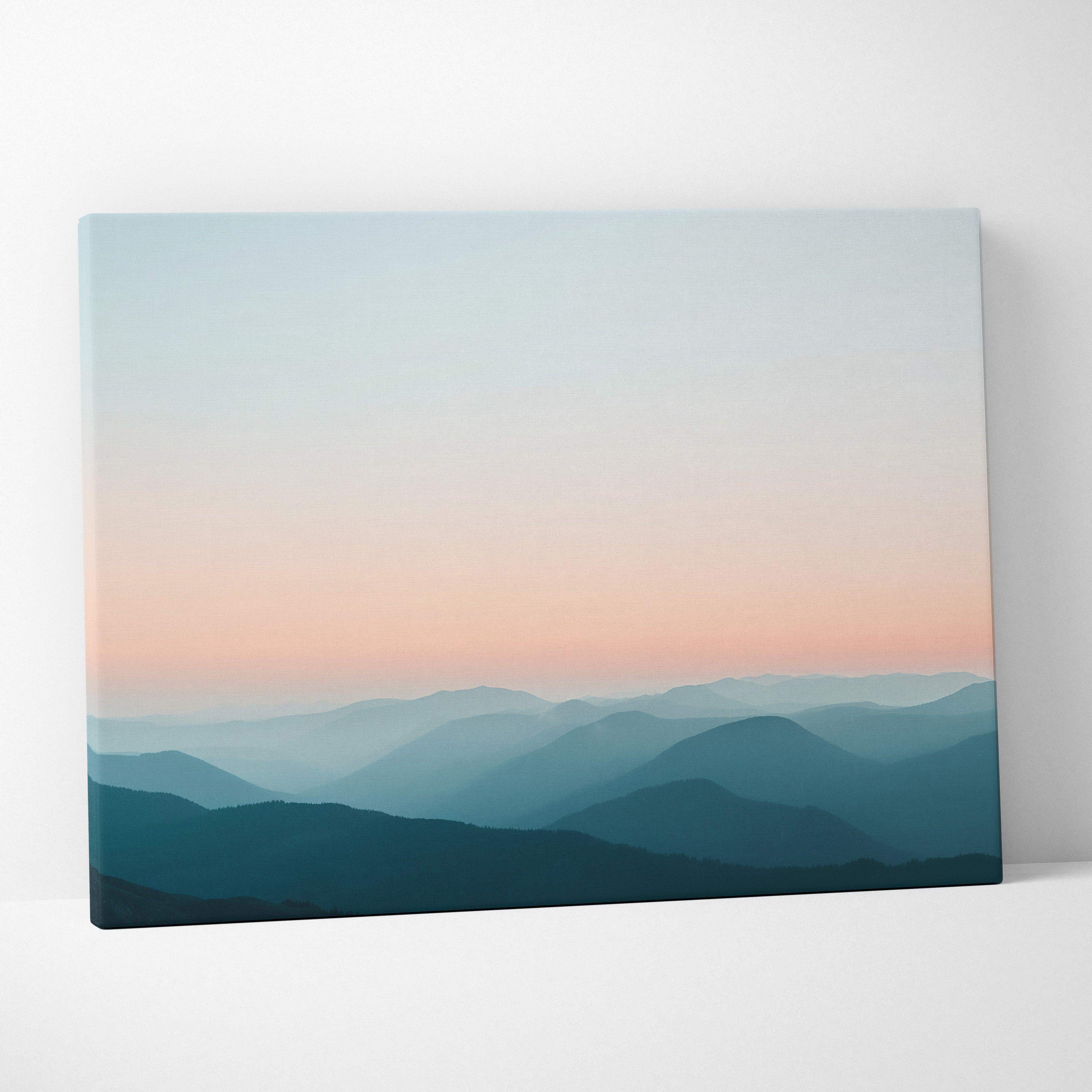 Modern minimalist mountain landscape canvas wall art with layered blue and pink mountains under a calming pastel sky
