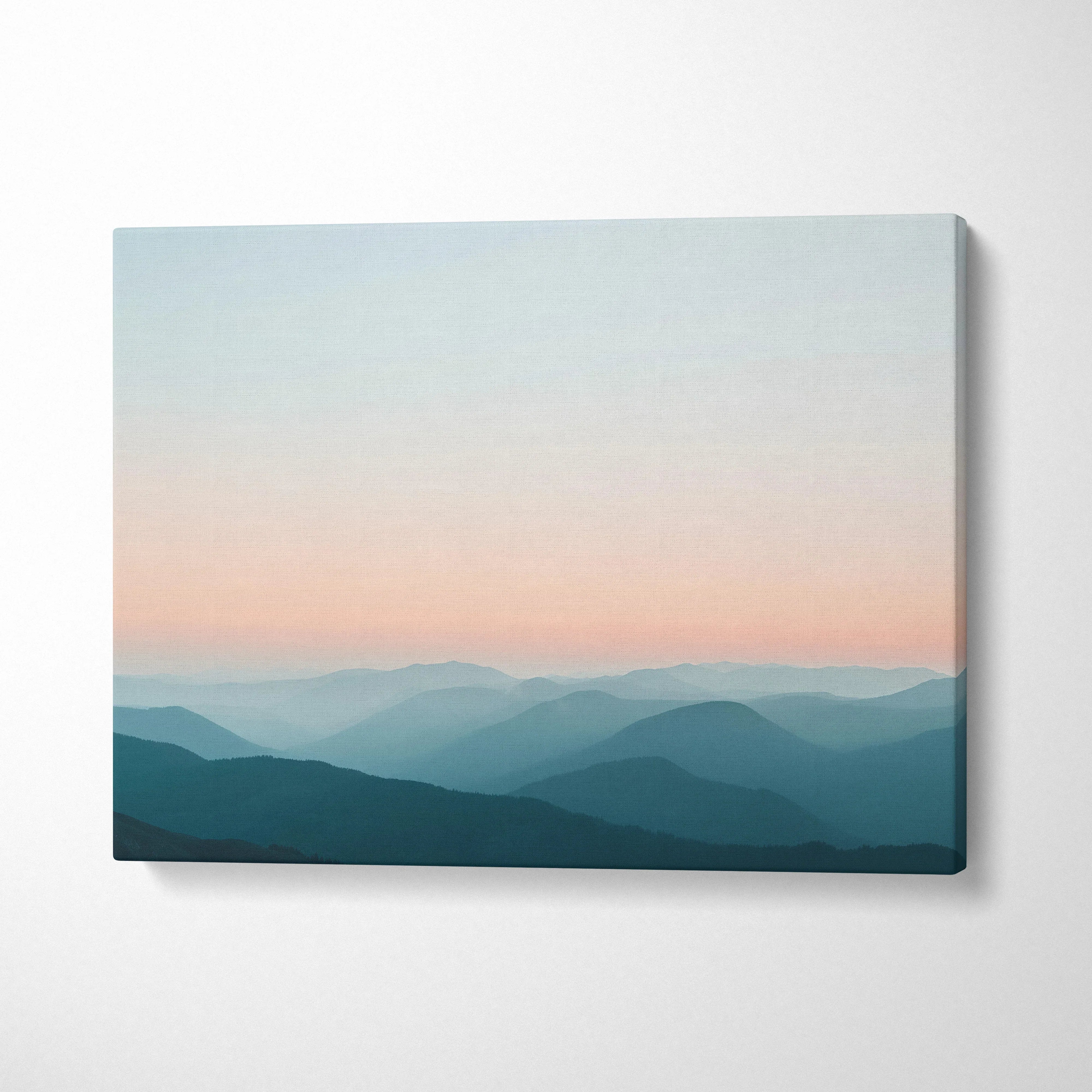 Modern minimalist canvas wall art of serene mountain landscape at sunrise with soft pastel sky decor.