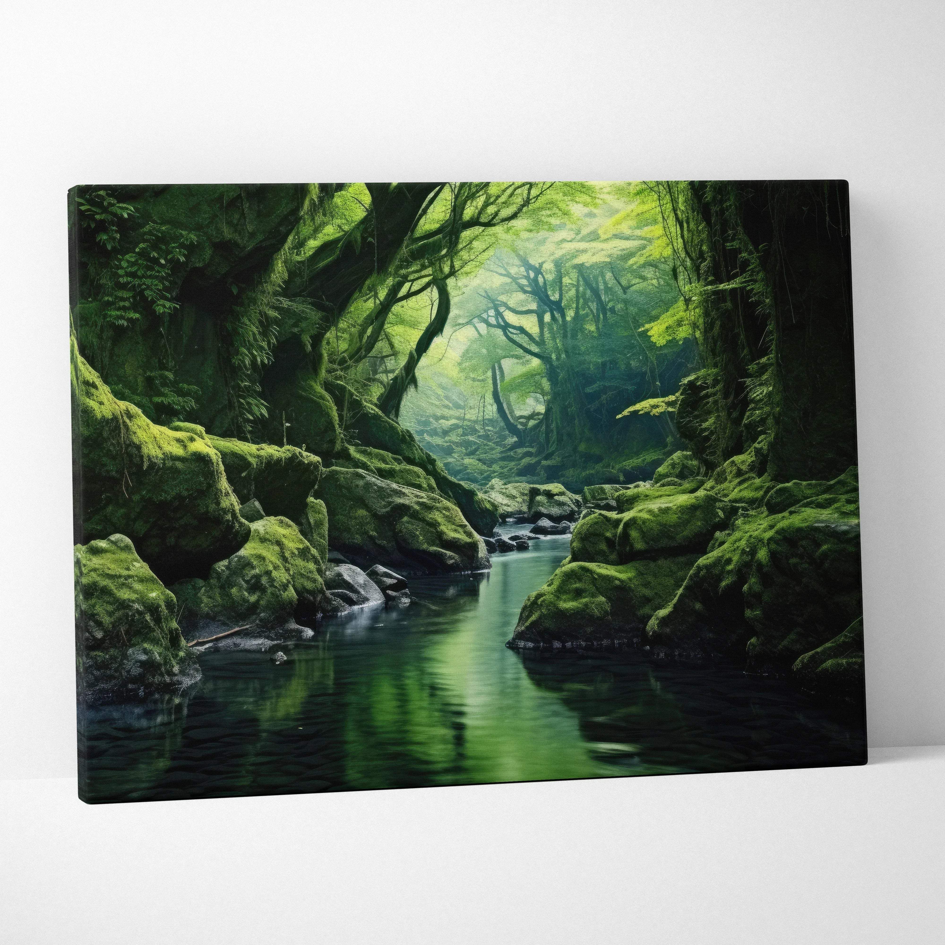 A rectangular canvas wall art depicting a serene forest stream with mossy rocks and lush green trees in verdant tones