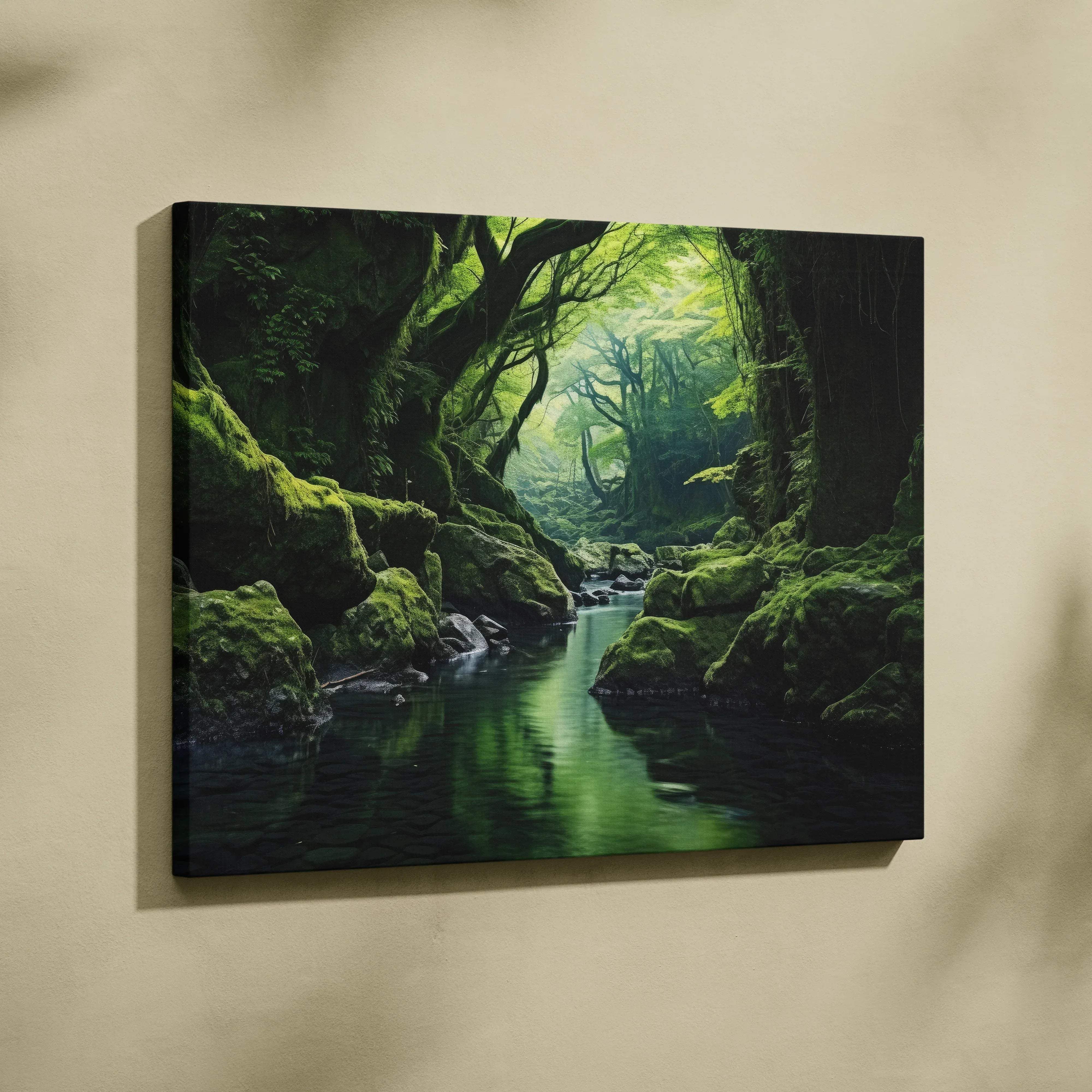 A rectangular canvas print of a serene forest stream with mossy rocks and lush green trees in a verdant palette