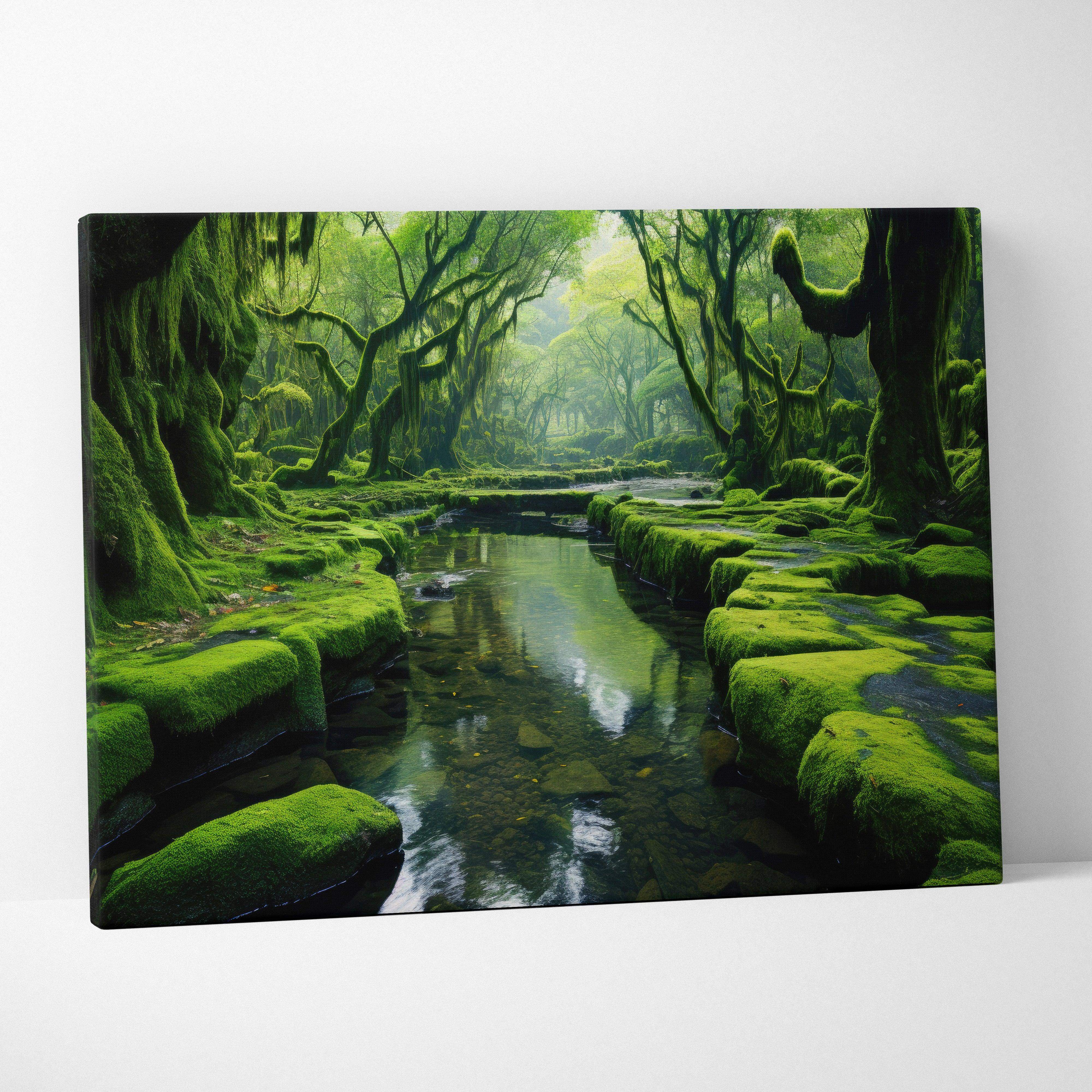 Forest landscape canvas wall art featuring vibrant green moss-covered scene with a calming river and lush foliage