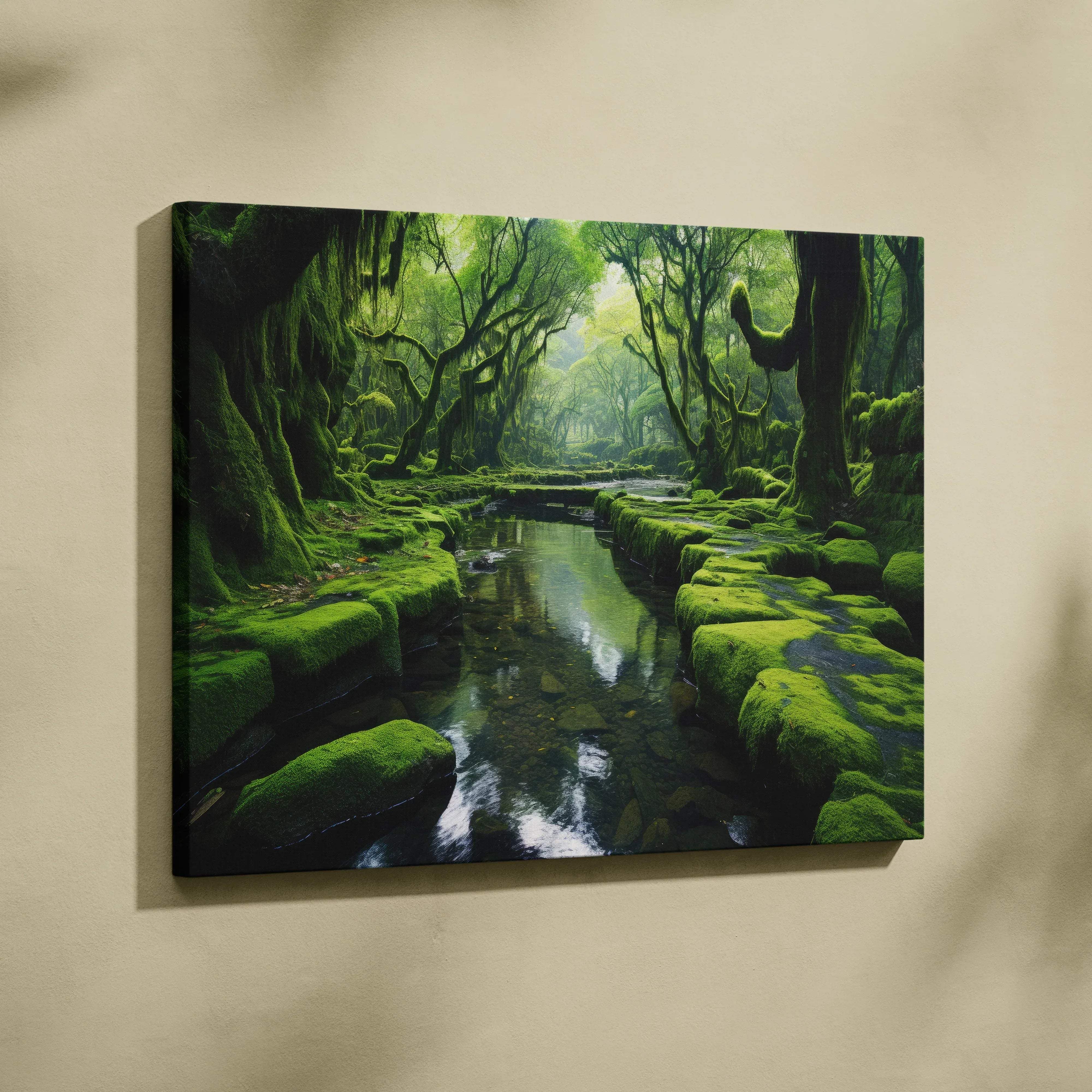 Forest landscape canvas wall art featuring a calming mossy river through lush green foliage with vibrant hues