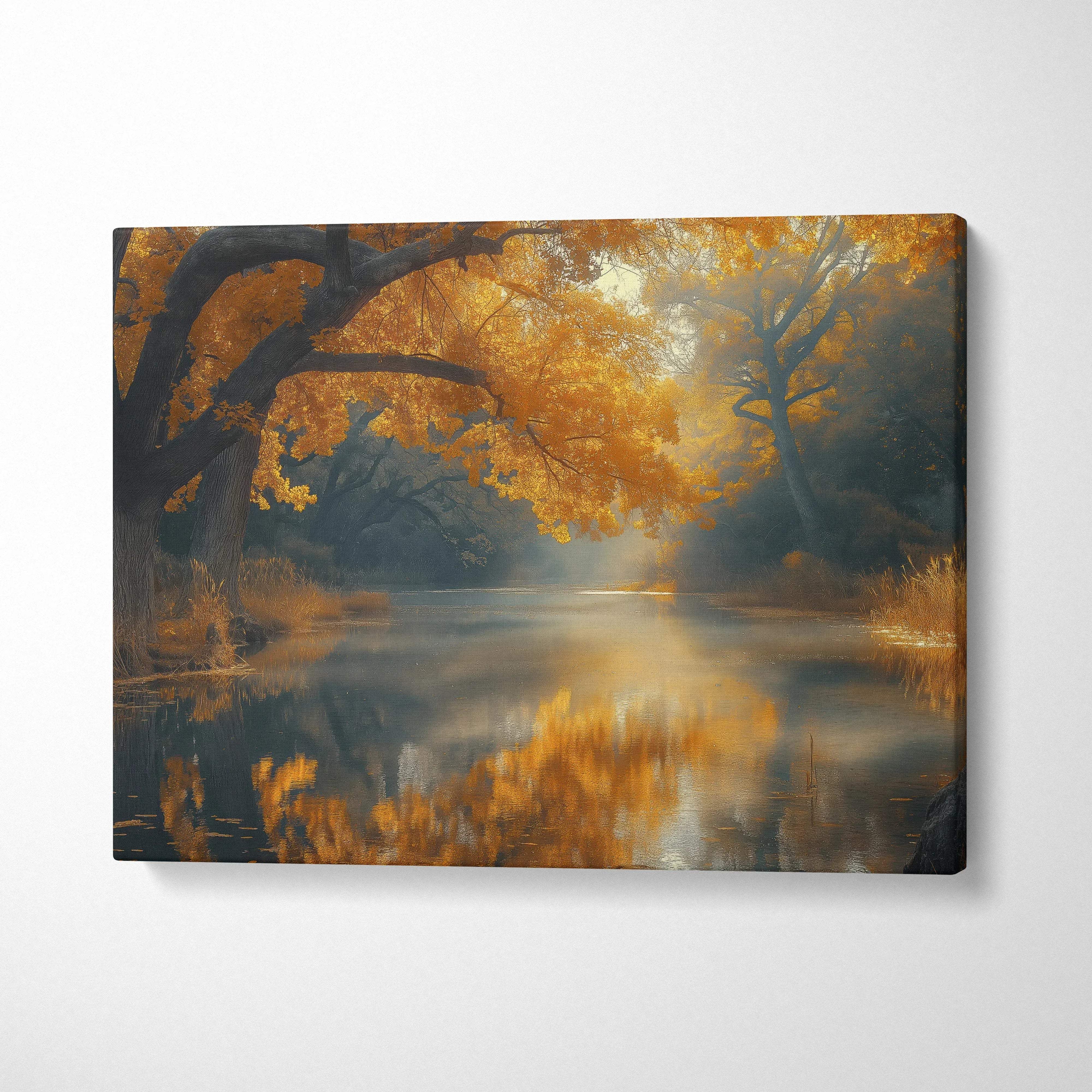 Autumn landscape canvas art with vibrant orange and yellow foliage reflected in calm river wall art.