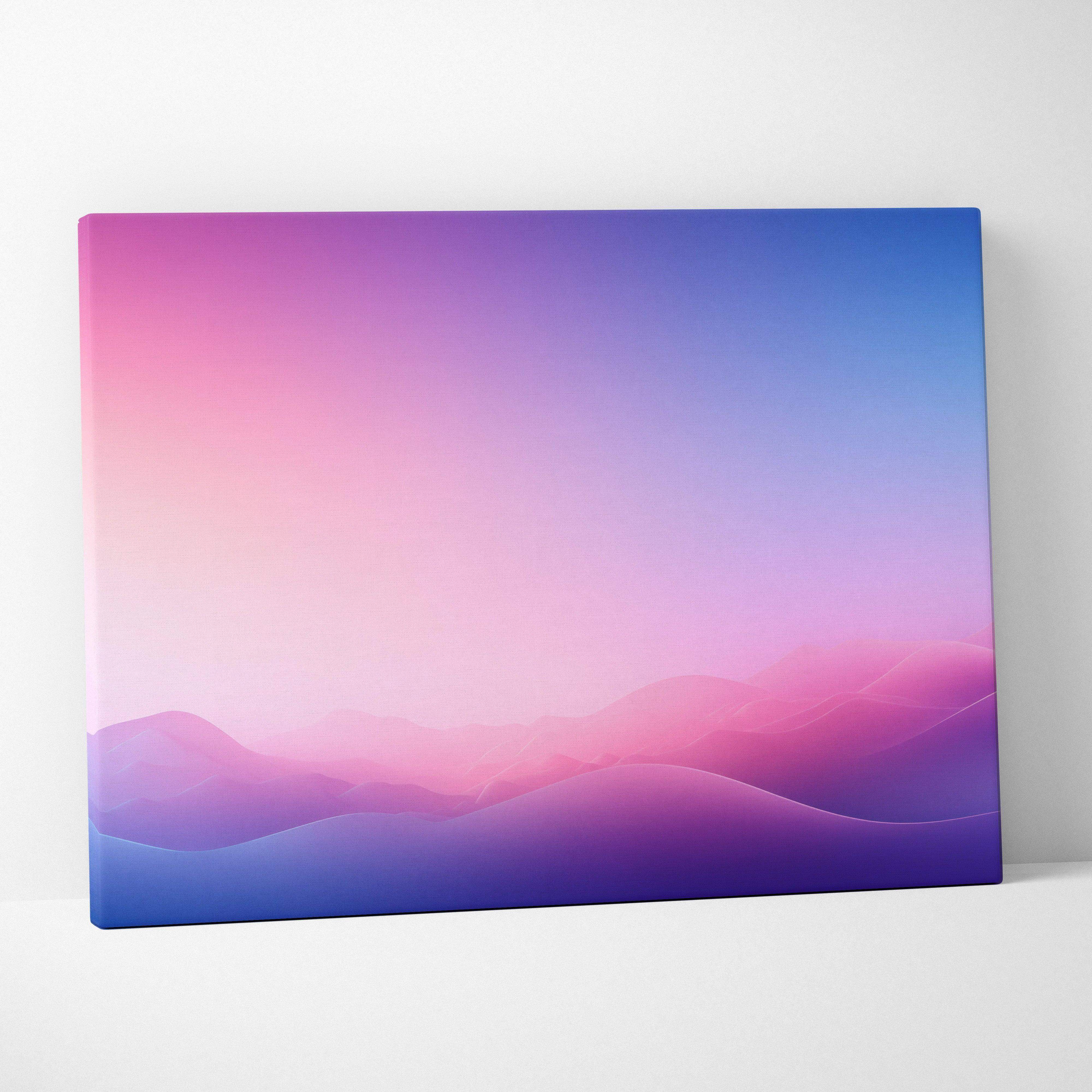 A rectangular canvas print with smooth pink purple and blue gradient over stylized mountain silhouettes for modern living room