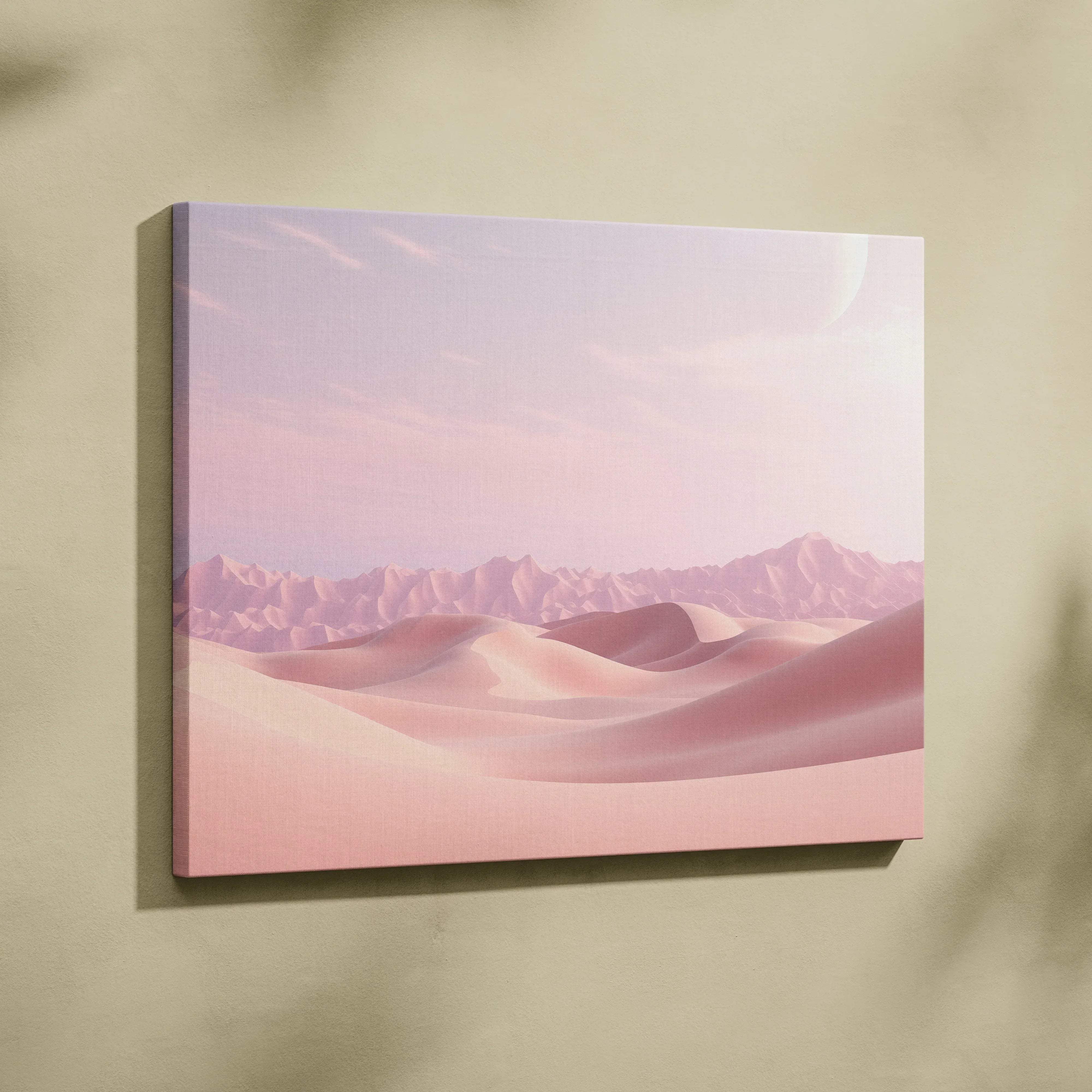 Minimalist pink desert dunes landscape canvas wall art with soft sunset pastel colors for calm spaces