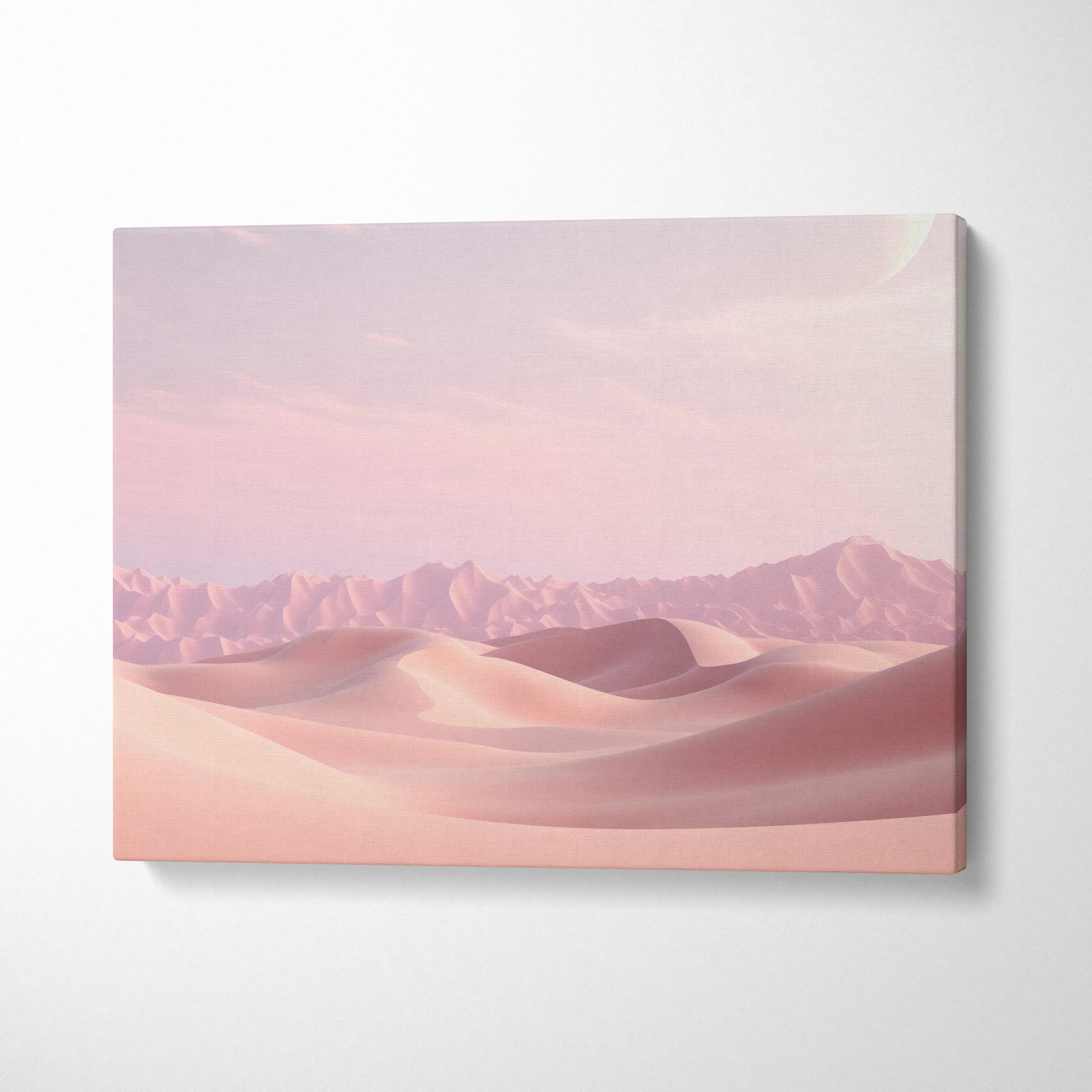 Minimalist pink desert dunes landscape on canvas wall art with soft pastel tones for modern decor.