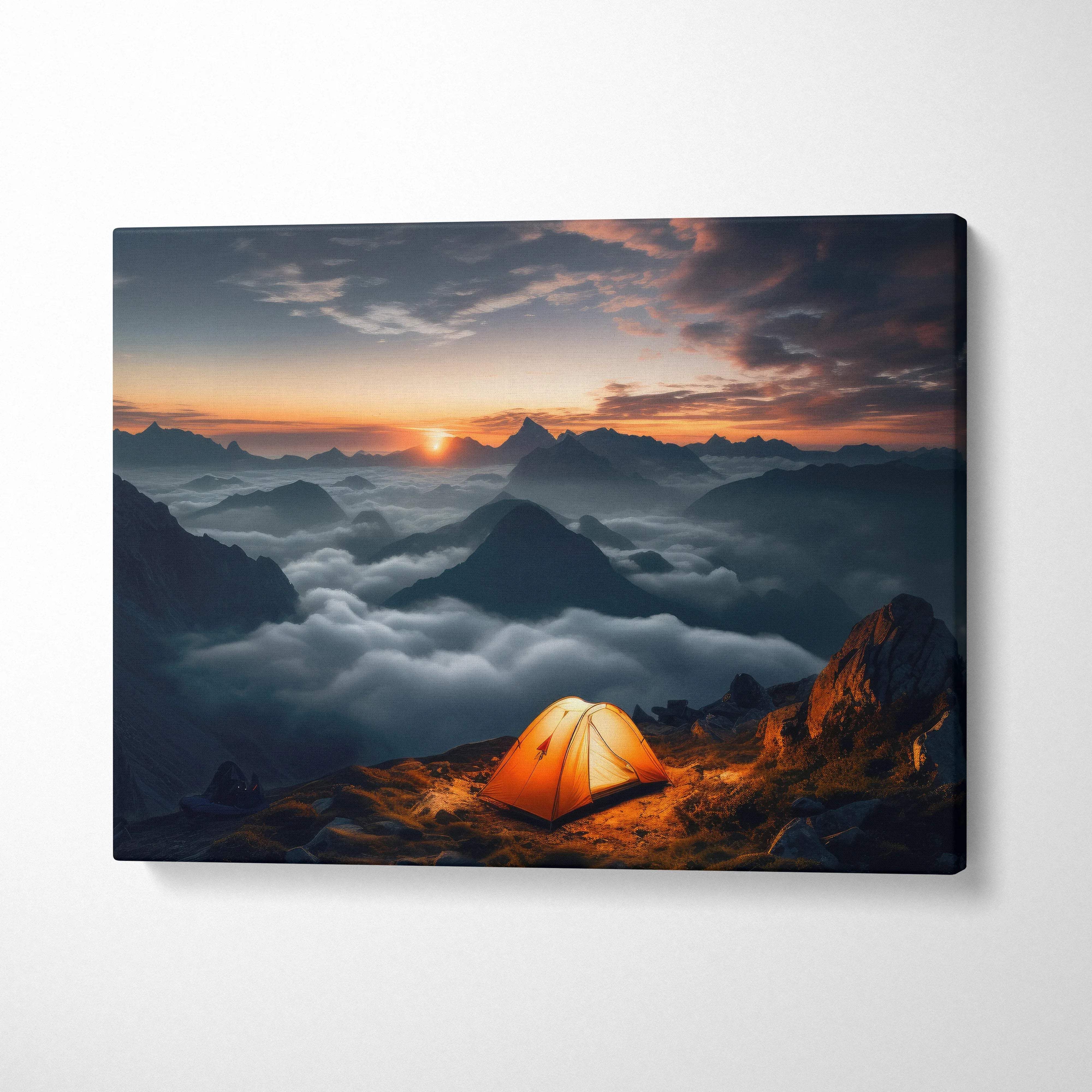 Orange tent illuminated at mountain sunrise over clouds in warm glow canvas art