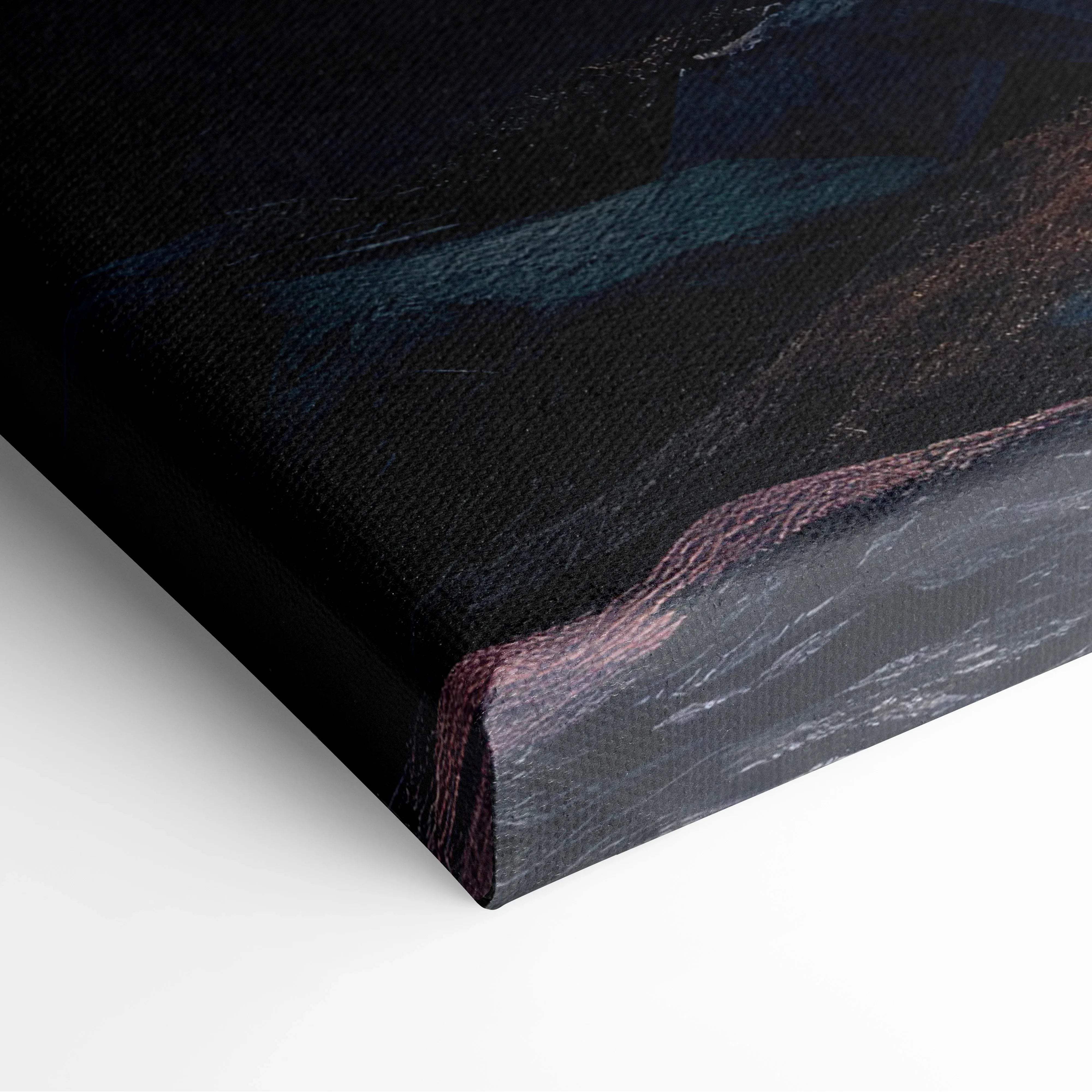 Black textured canvas print of mountain peak camping at dusk with sunset sky