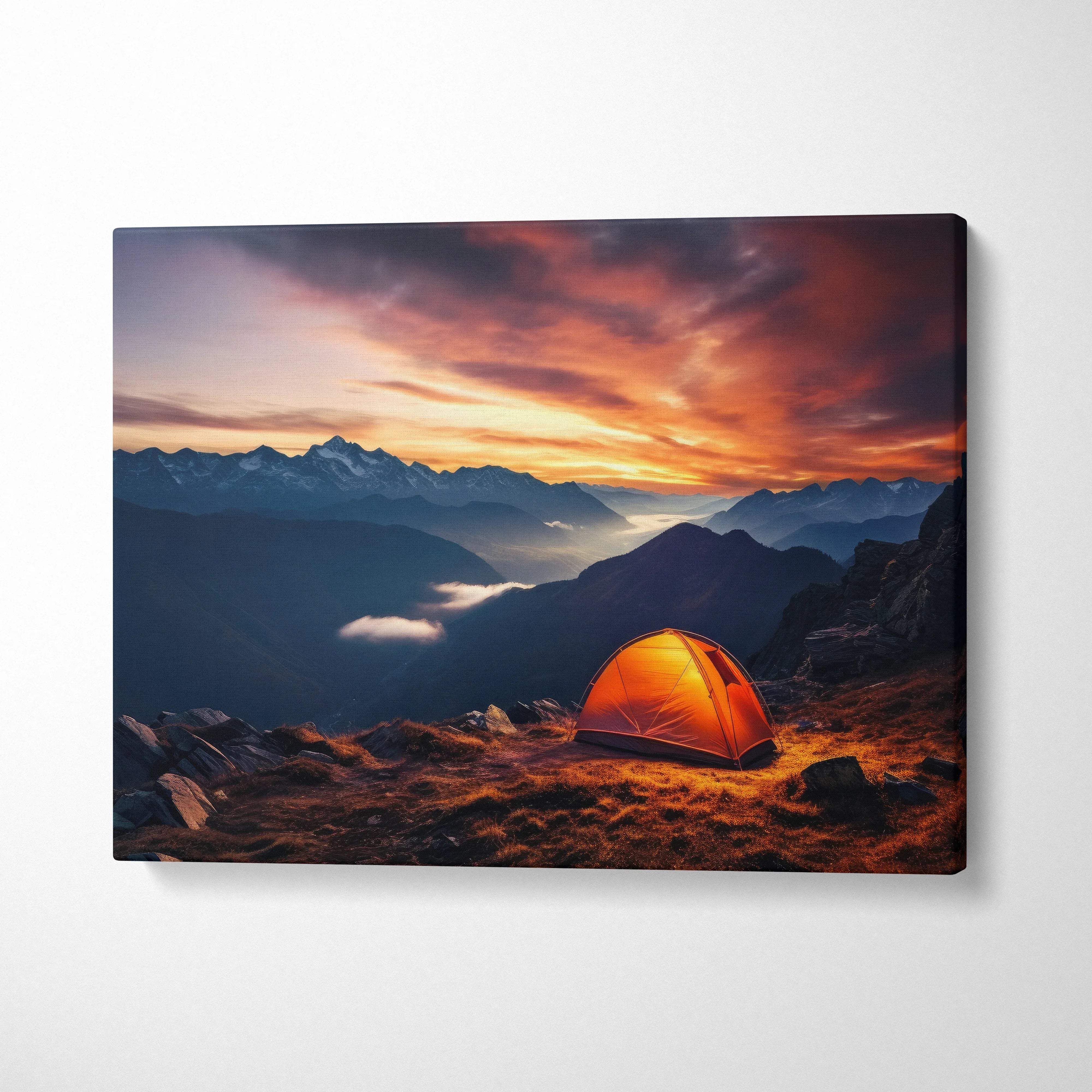 Orange dome tent at dramatic mountain sunset with purple sky canvas art