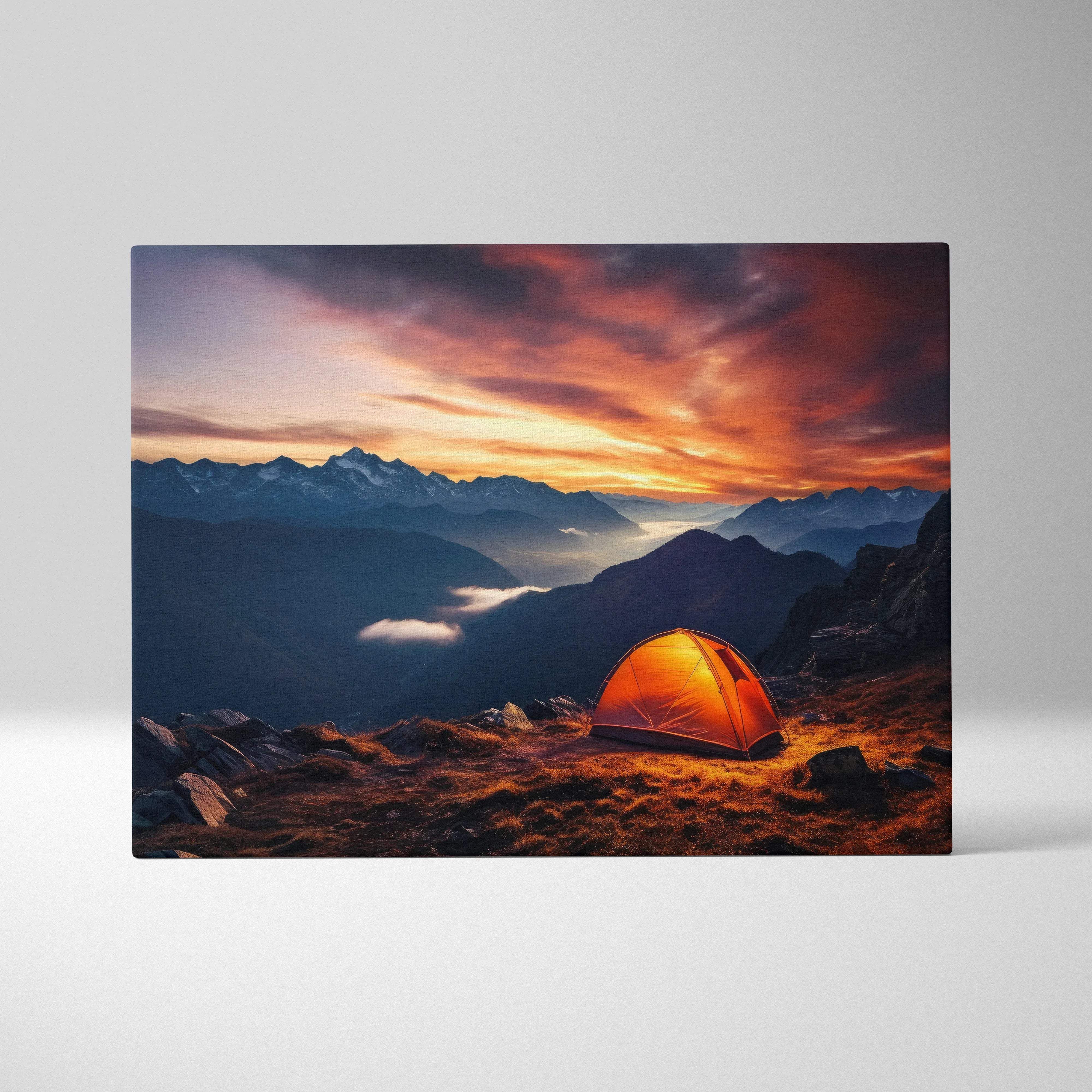 Orange dome tent on mountain peak at dramatic purple sunset sky