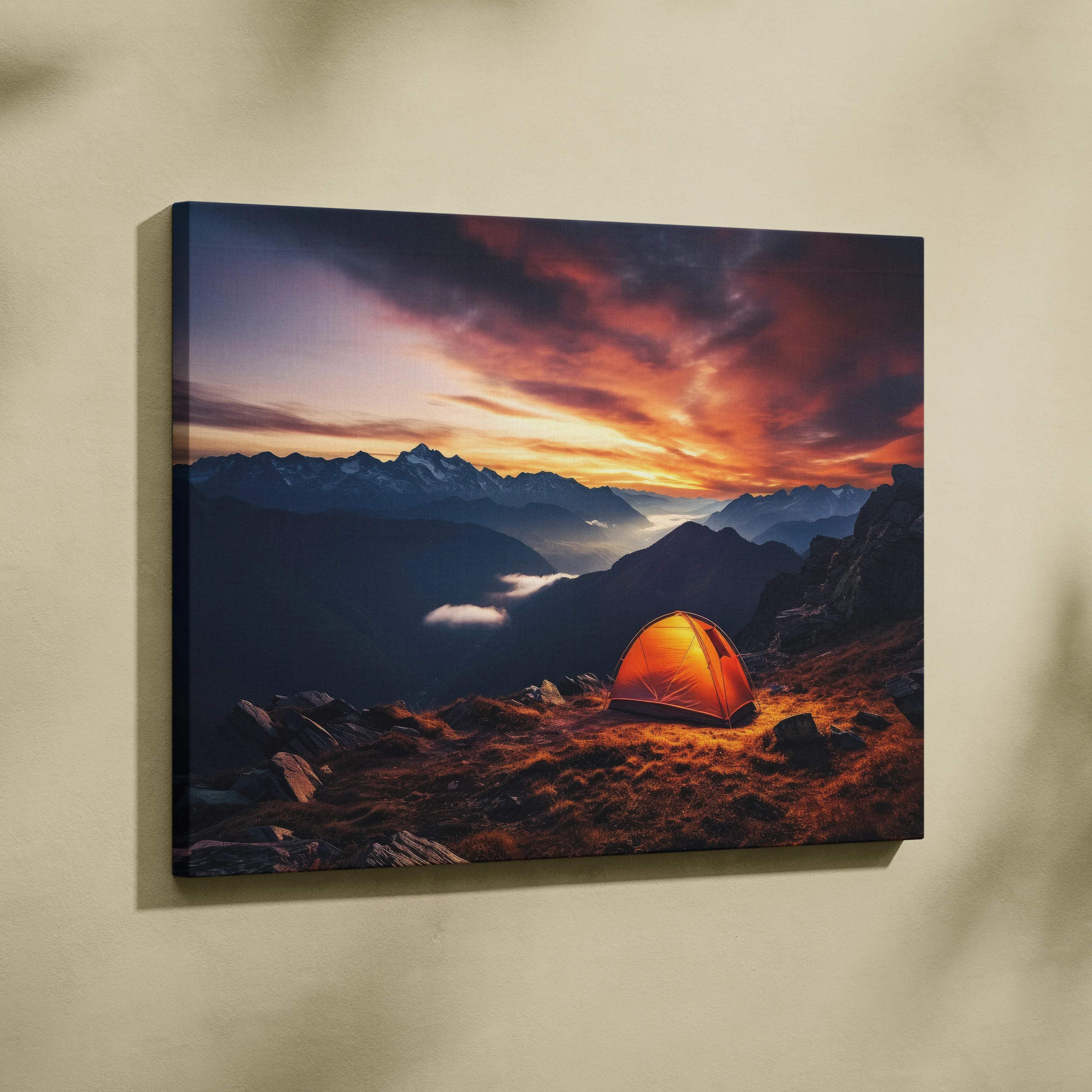 Orange camping tent lit by dramatic mountain sunset with purple sky canvas art