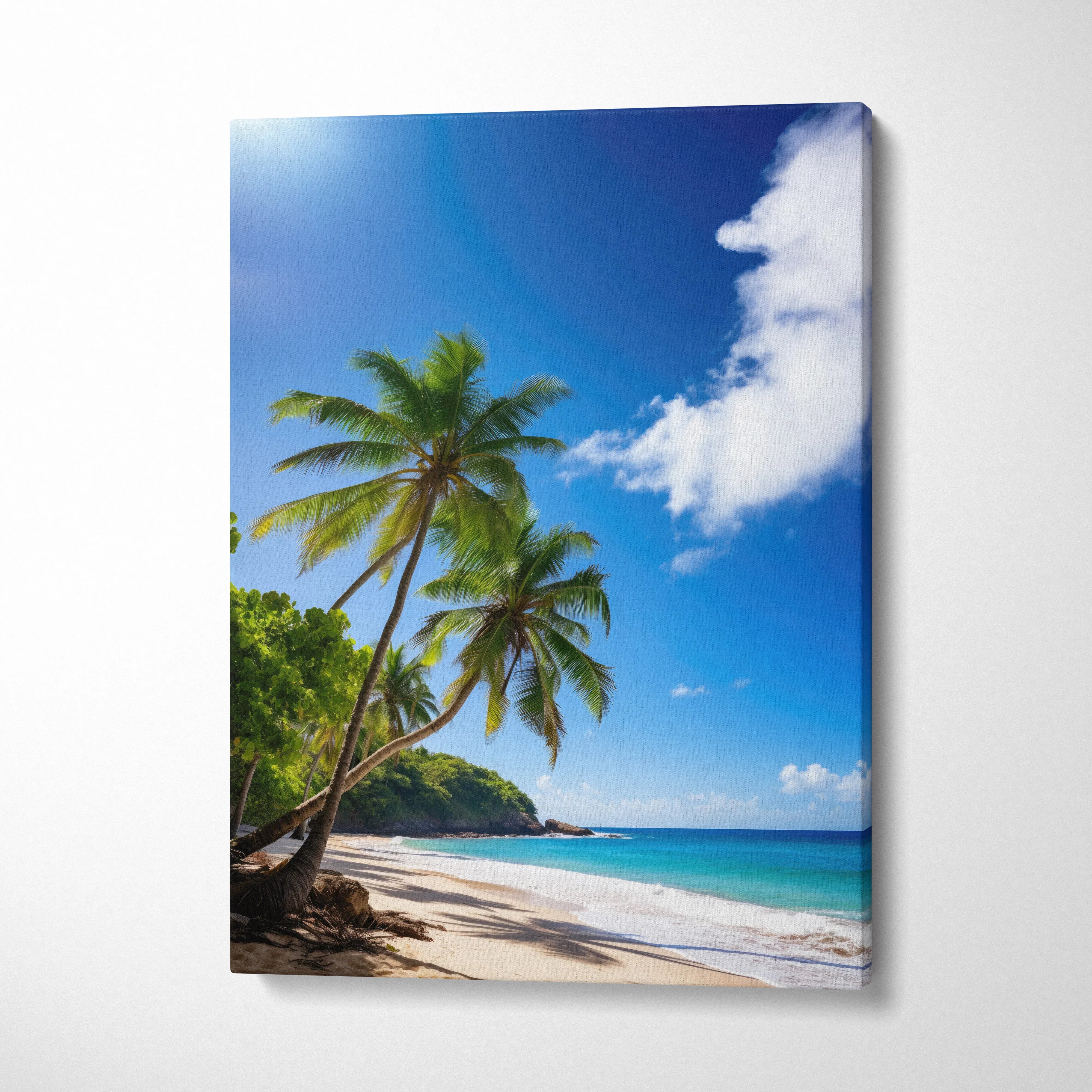 Canvas wall art featuring a tropical beach scene with palm trees, blue sky, and turquoise ocean.