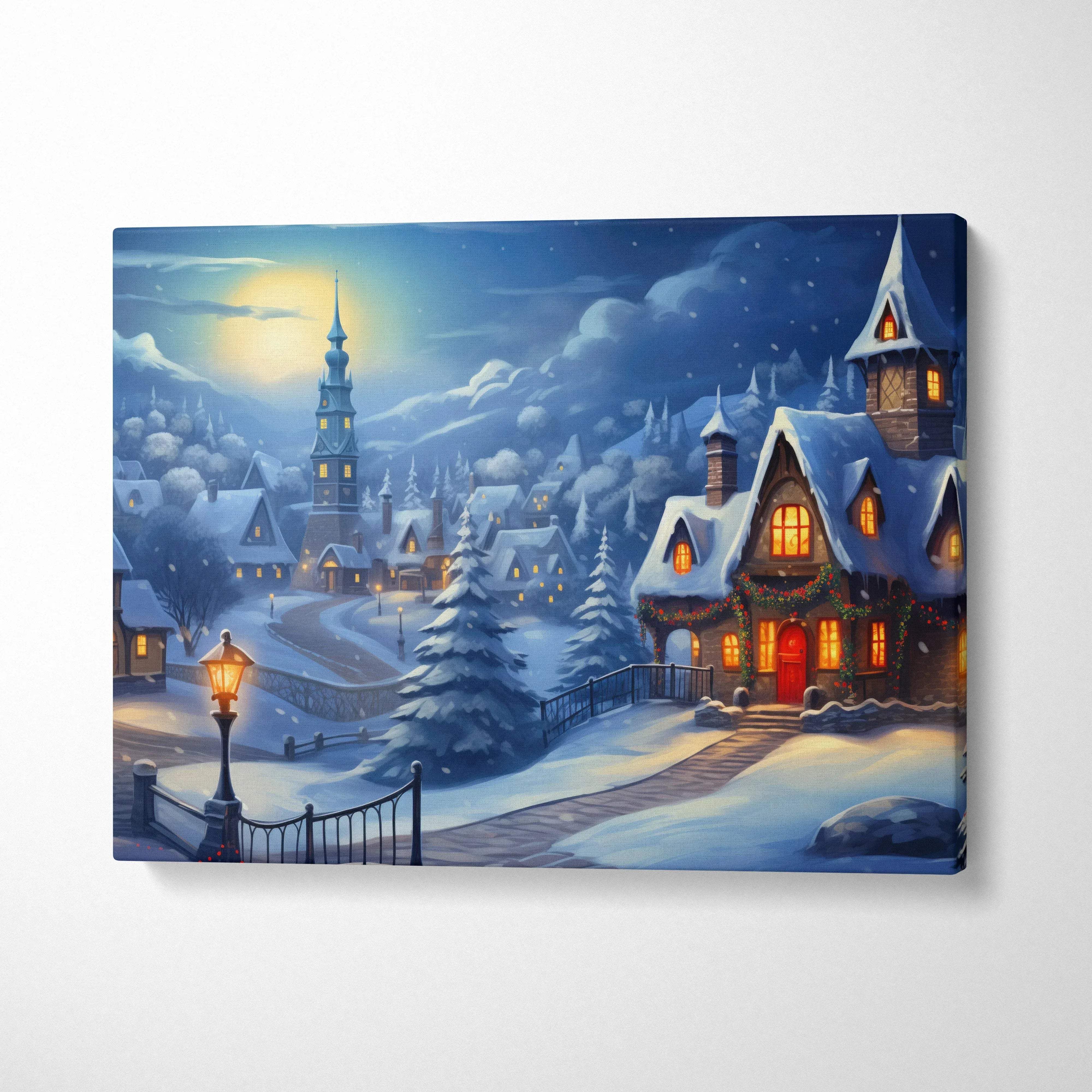 Snowy winter village scene on canvas wall art with glowing lights and moonlit sky decor.