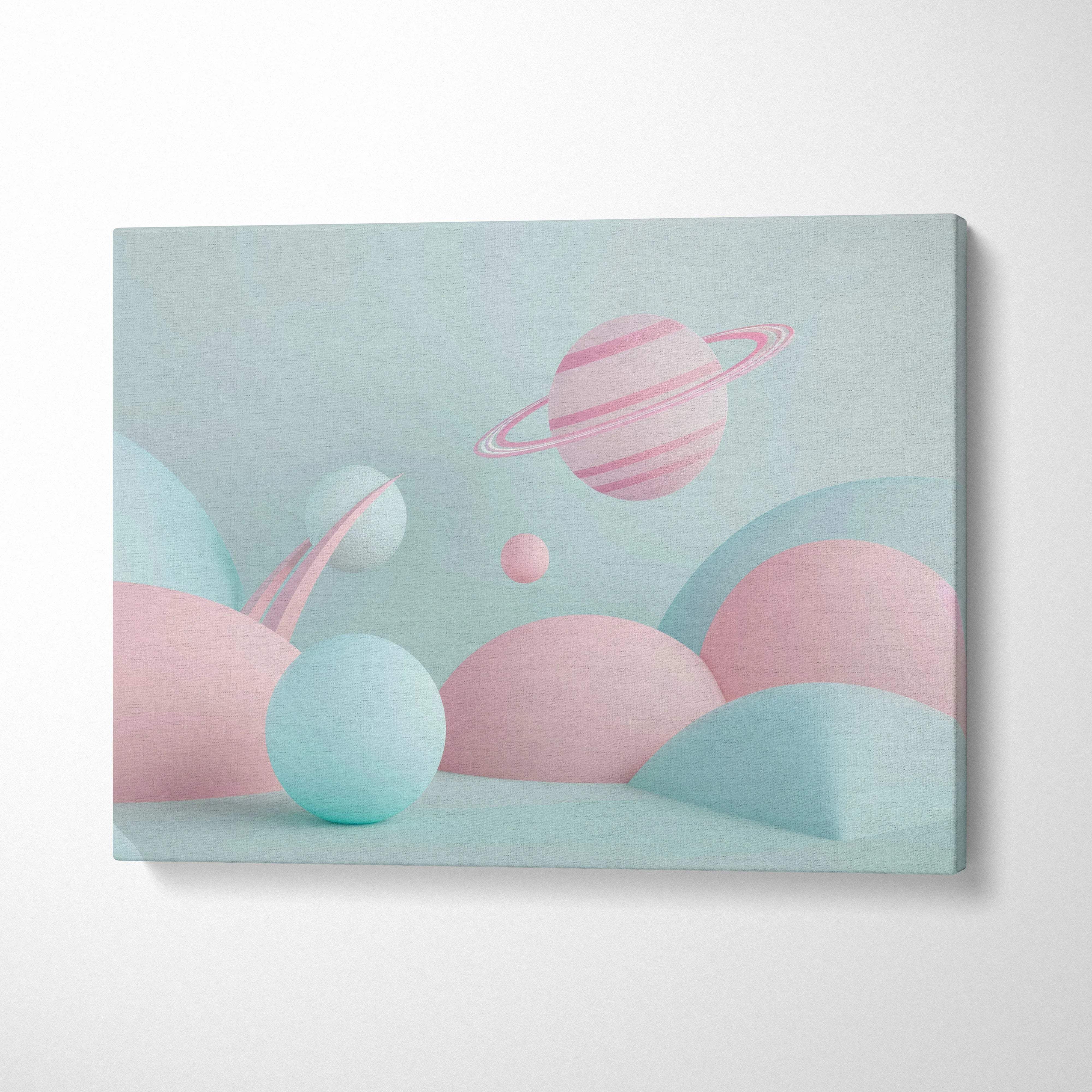 Abstract digital canvas art with pastel pink and blue planetary shapes, modern wall art decor.