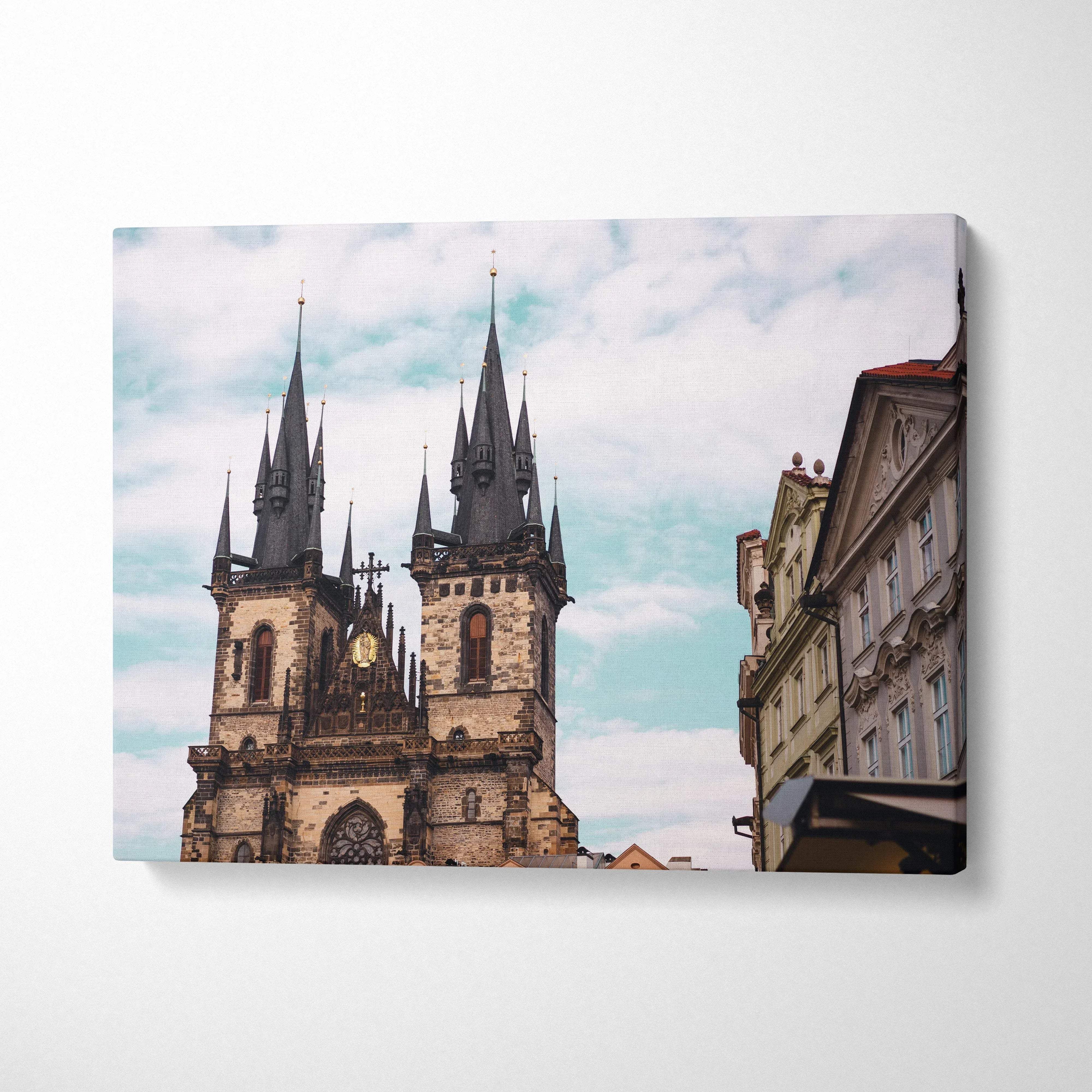 Canvas wall art featuring stunning gothic architecture with tall spires against a cloudy sky.