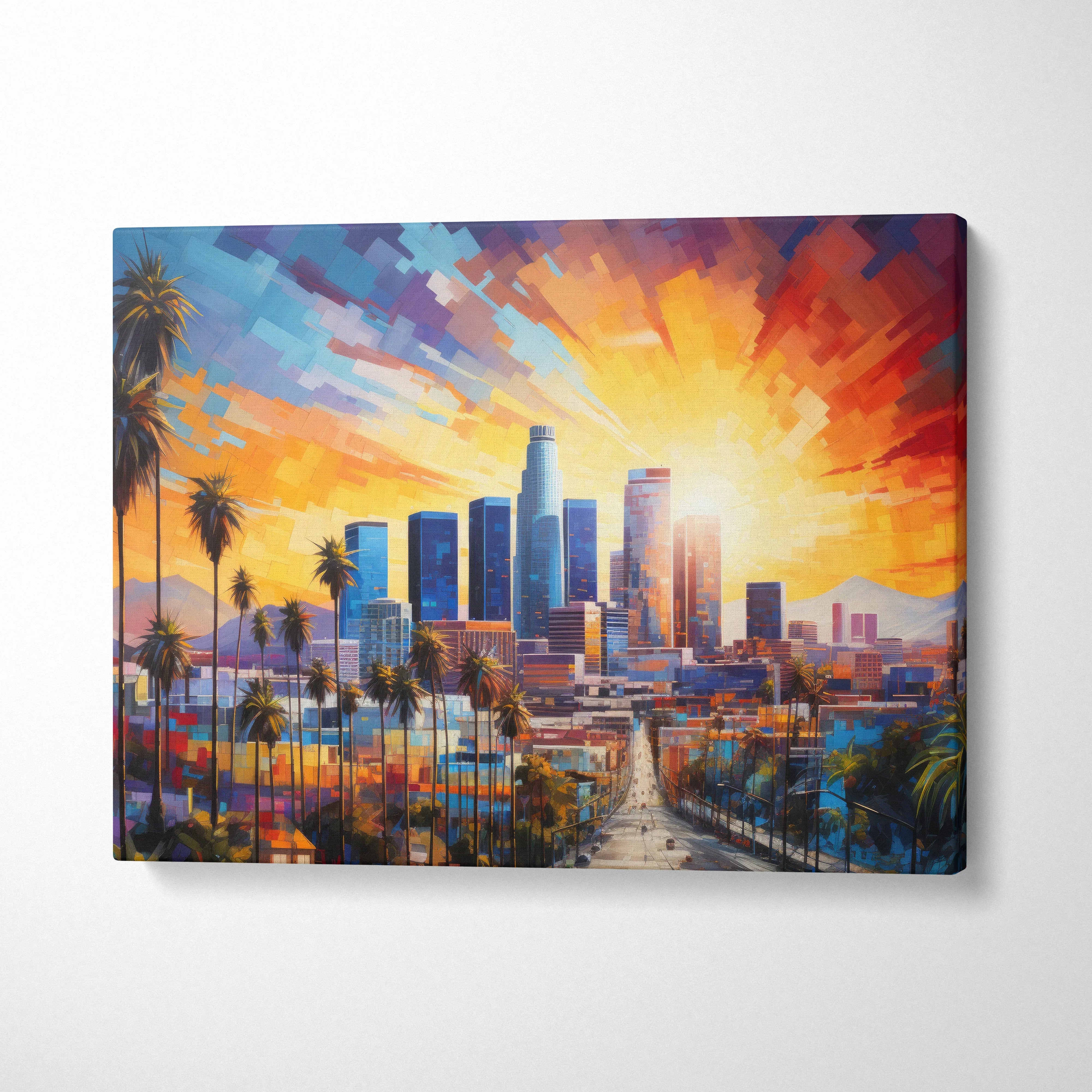 Abstract digital painting of Los Angeles skyline at sunset on vibrant canvas wall art.