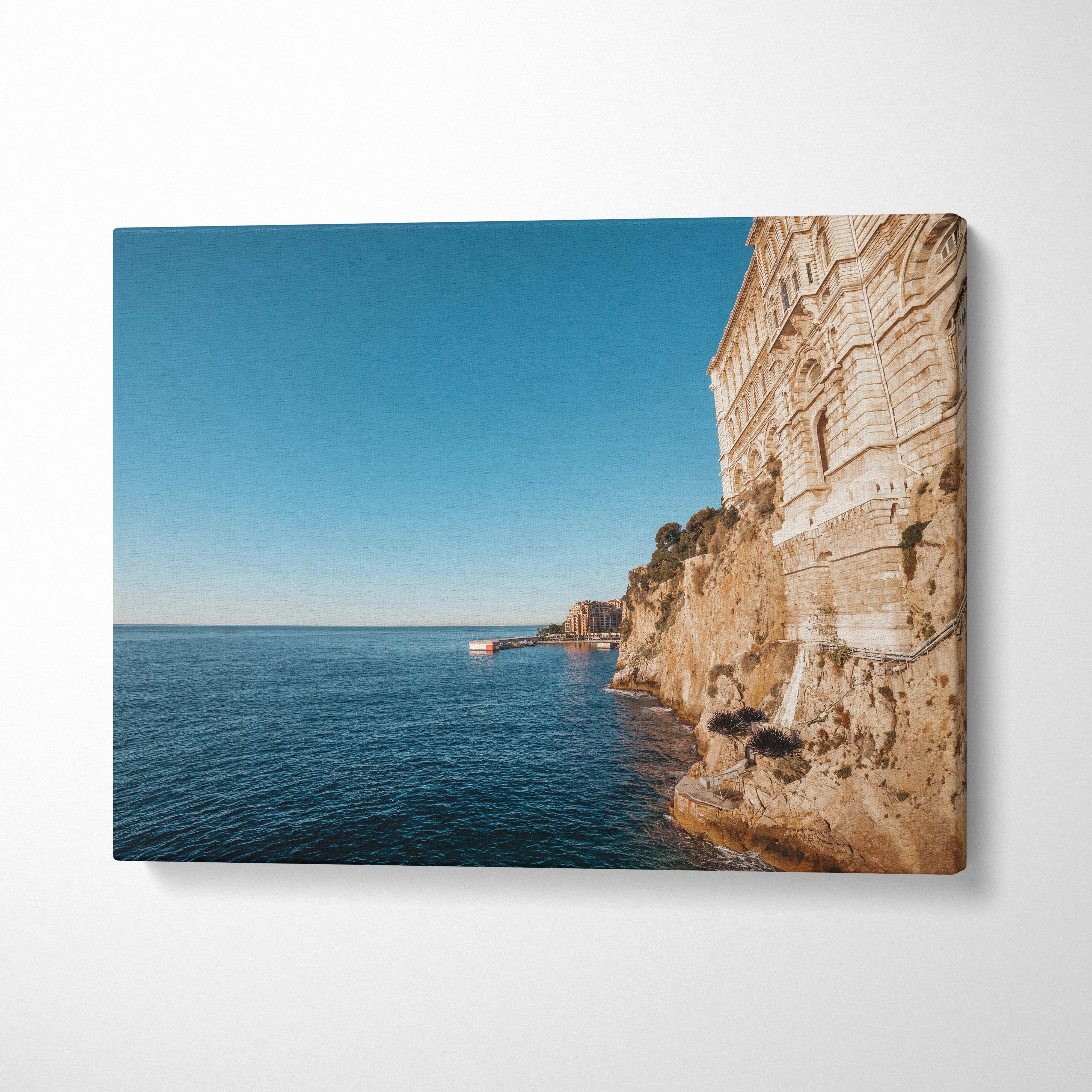 Canvas print of Monaco coastline with cliffside Oceanographic Museum and blue ocean