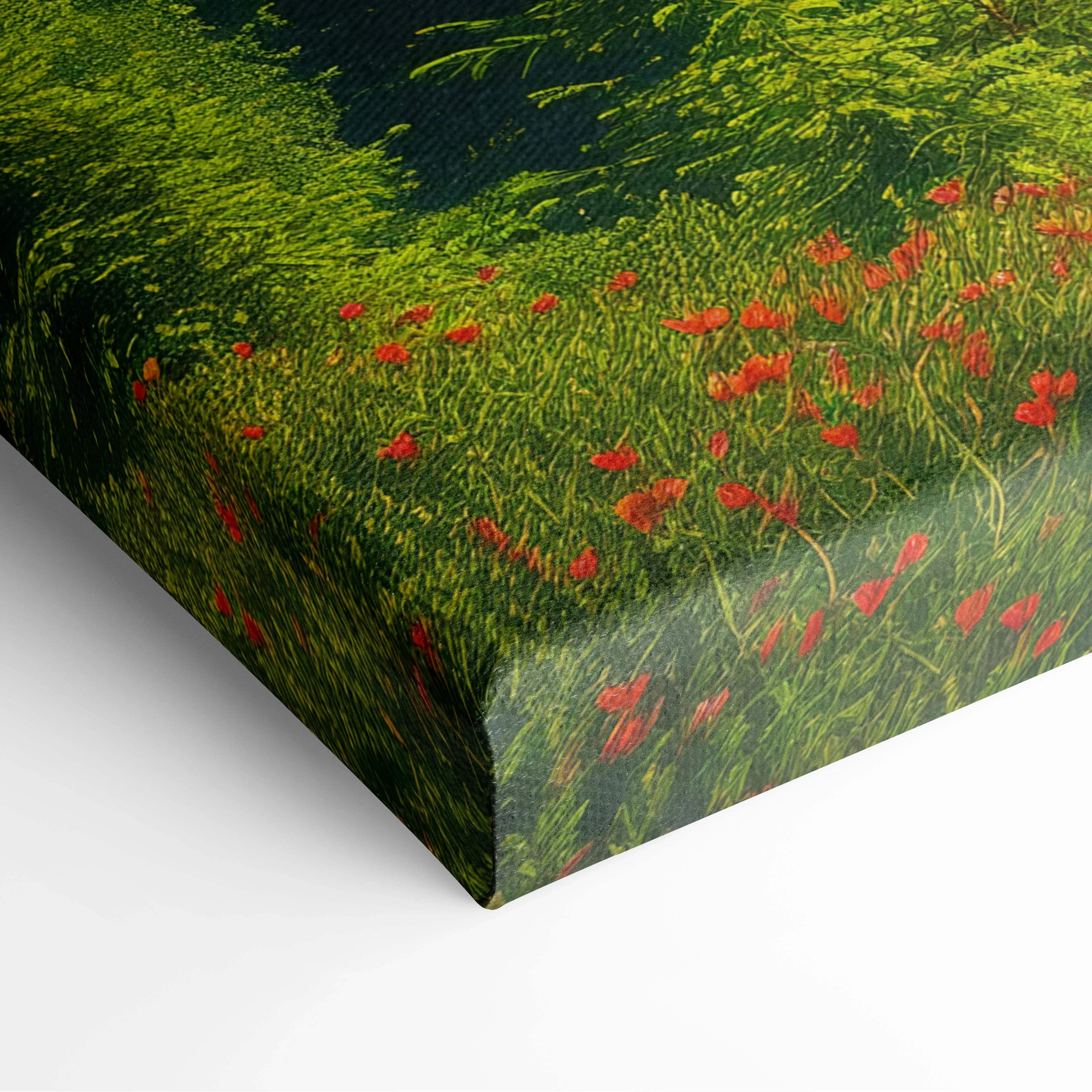 Vibrant impressionist canvas print of red poppies in lush green grass