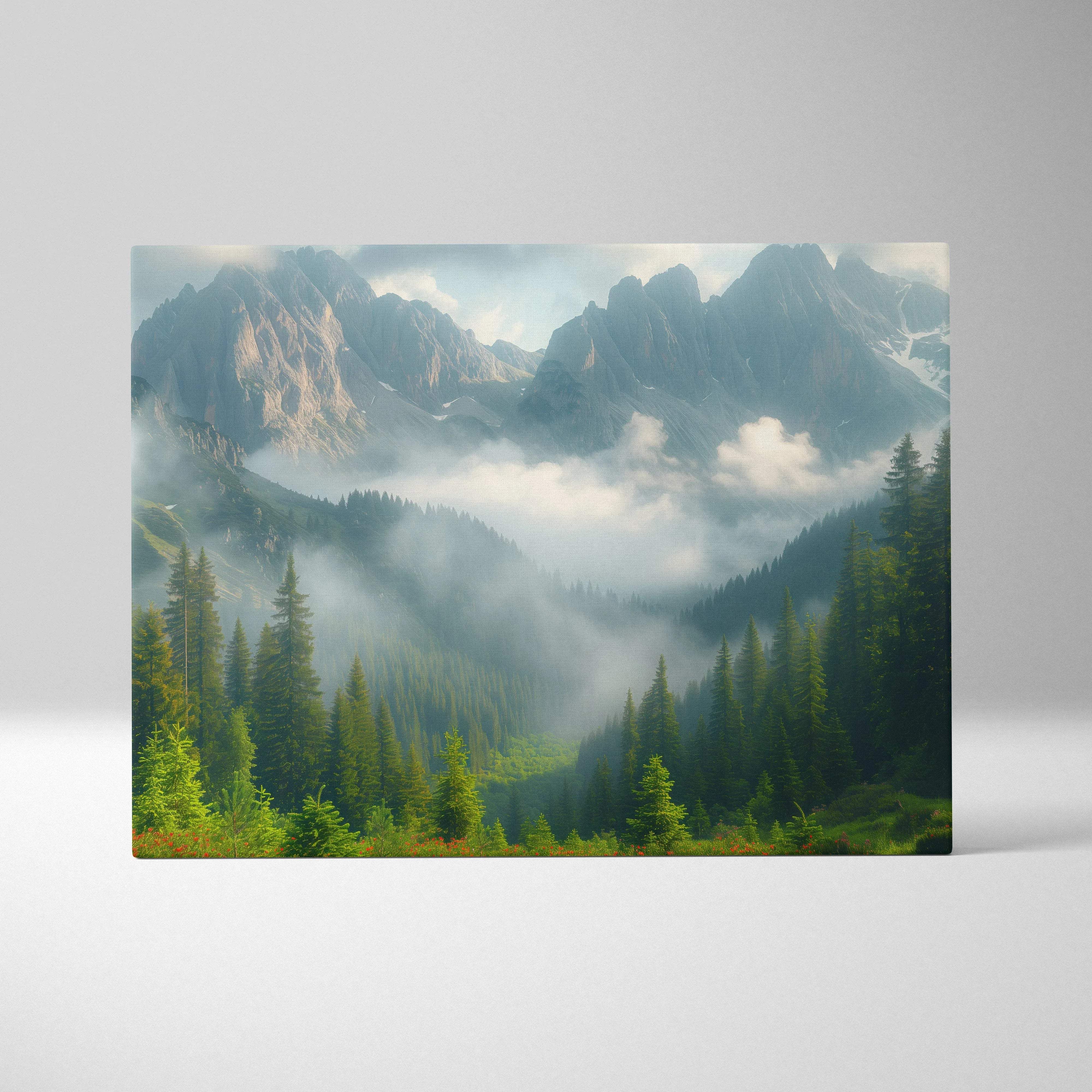 Canvas print of misty alpine peaks over foggy pine forest in serene blue green tones