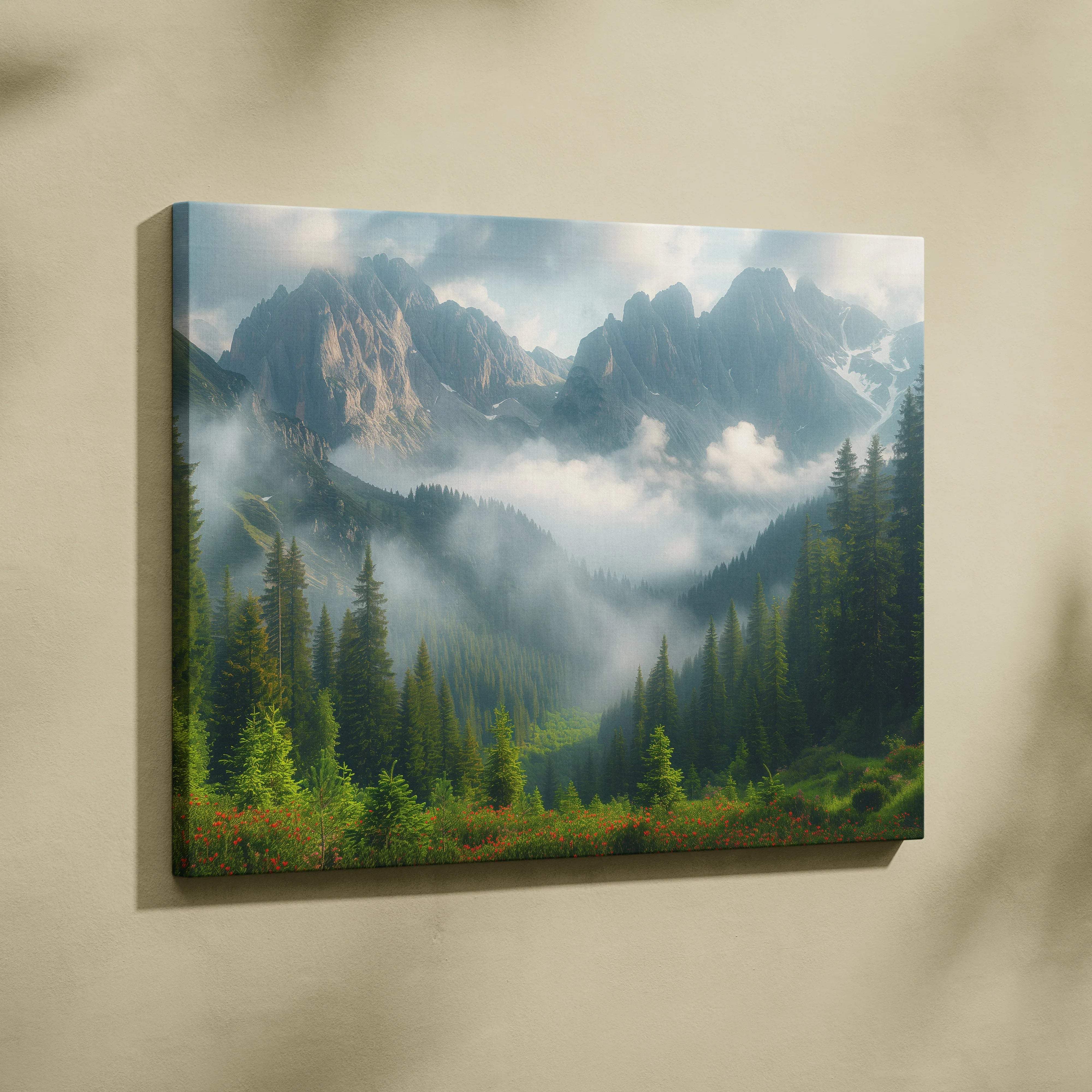 Canvas print of misty alpine mountains, pine forest, wildflowers on wall