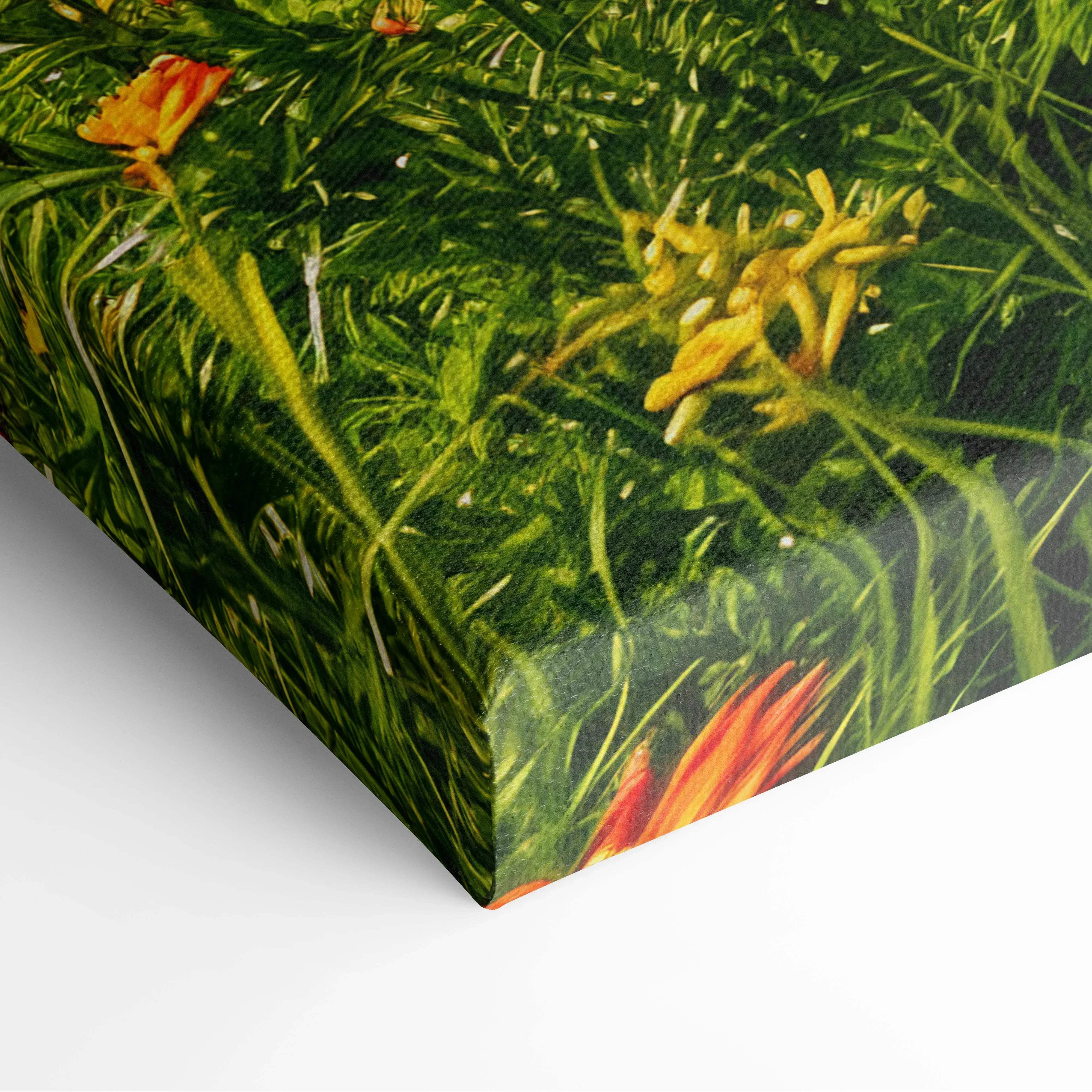Vibrant green canvas wall art featuring detailed wildflowers and grasses in a floral mountain landscape design