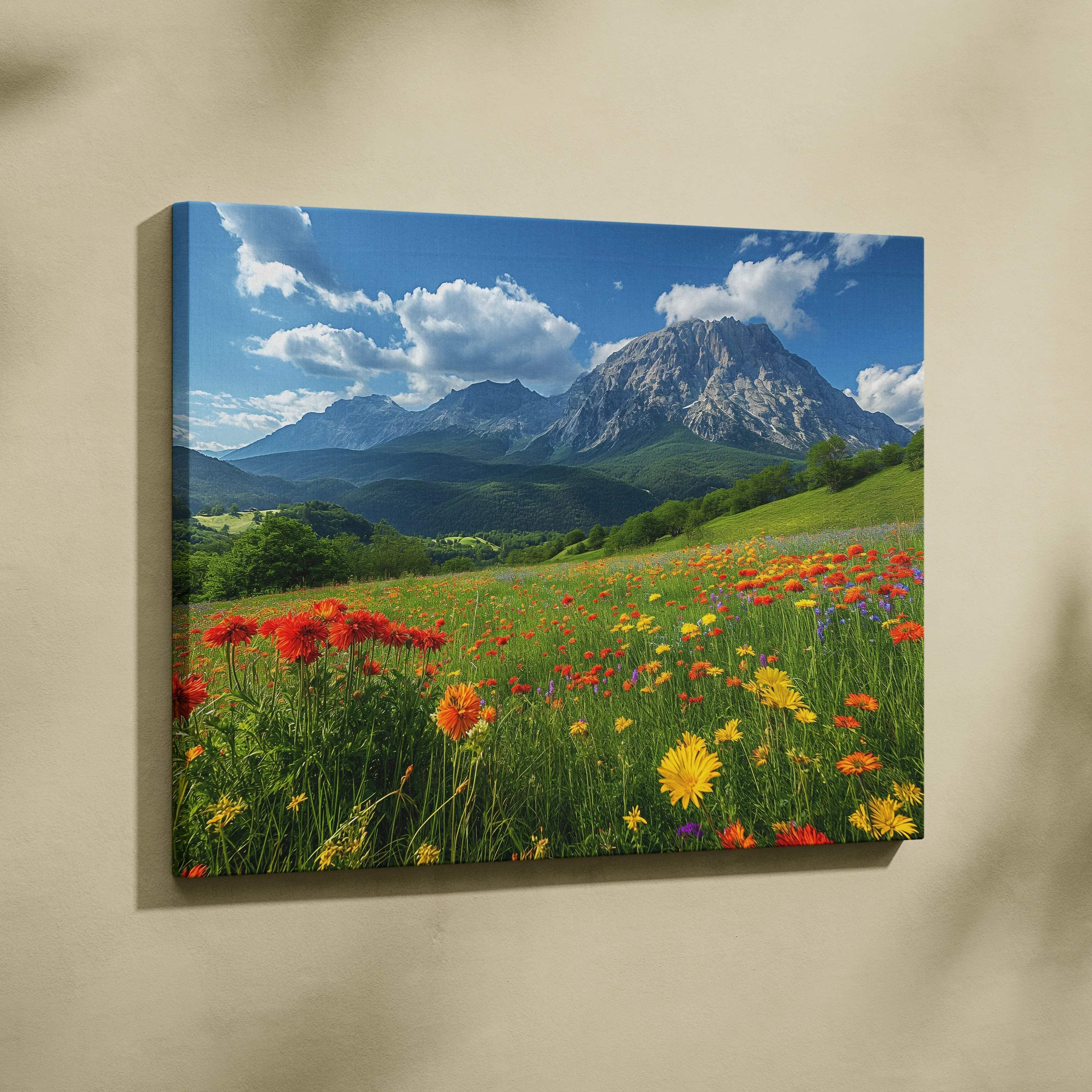 Floral mountain landscape canvas wall art featuring vibrant wildflowers and majestic peaks under a bright blue sky