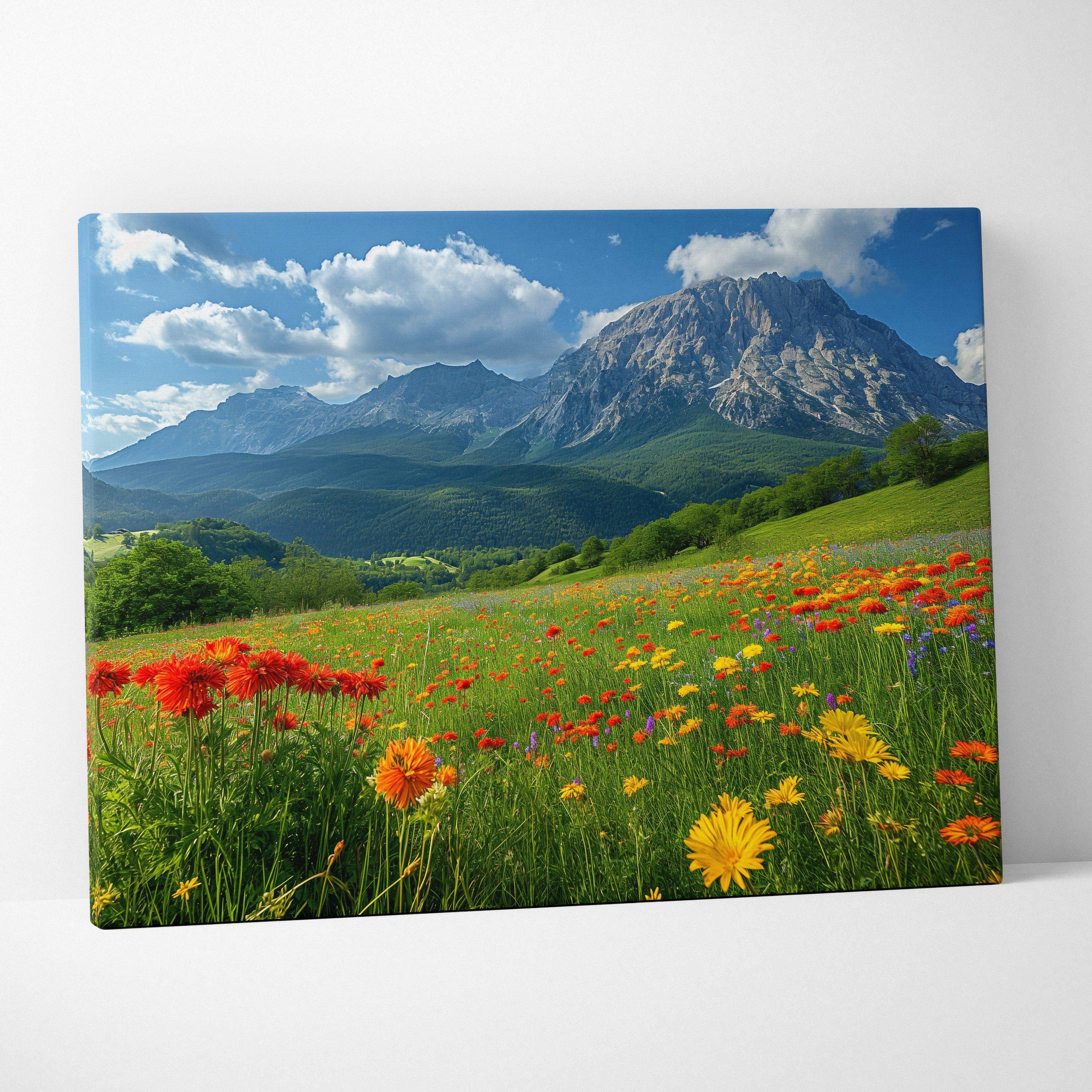 Floral mountain landscape canvas wall art with vibrant red orange yellow wildflowers under a bright blue sky