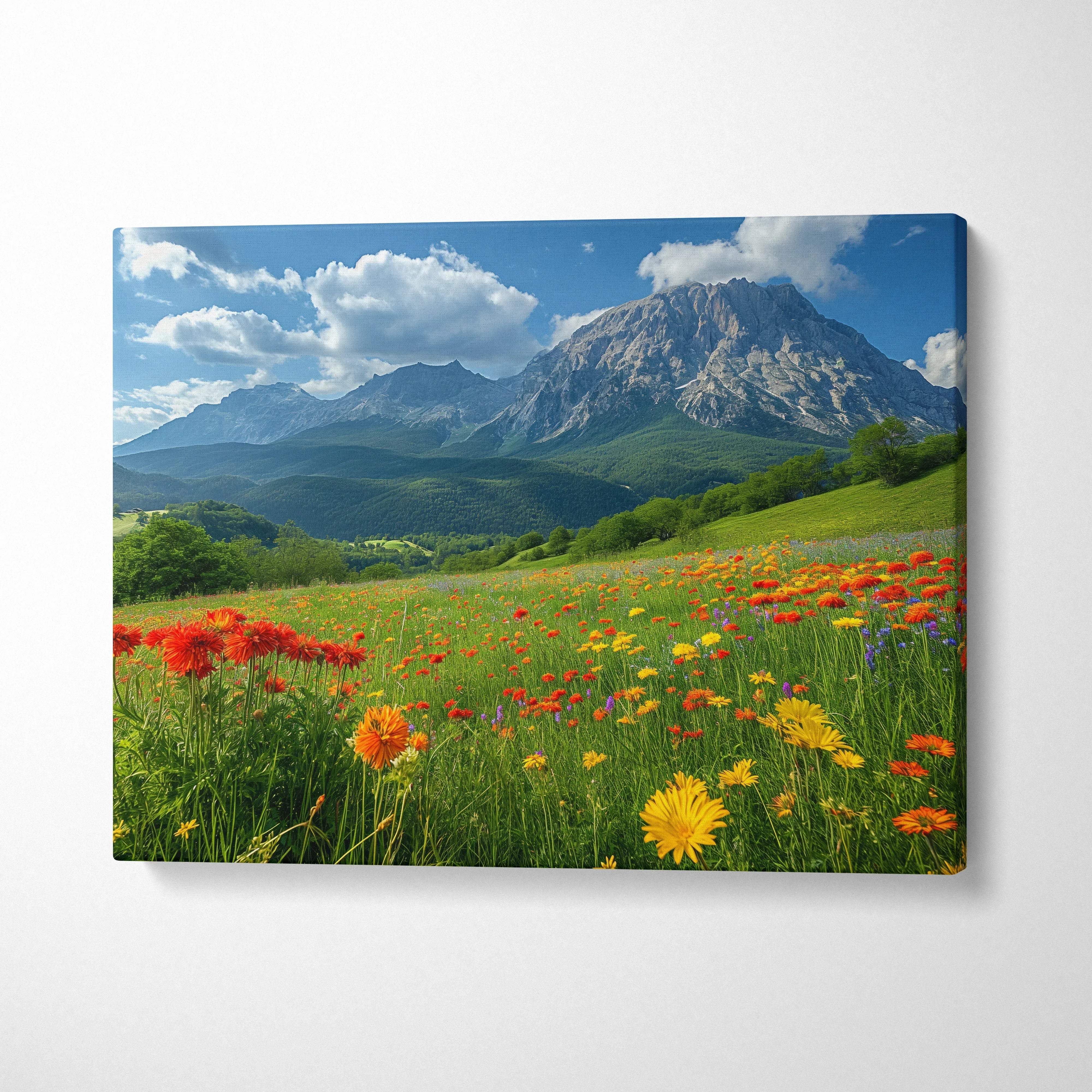 Floral mountain landscape canvas wall art with vibrant wildflowers and blue sky decor.