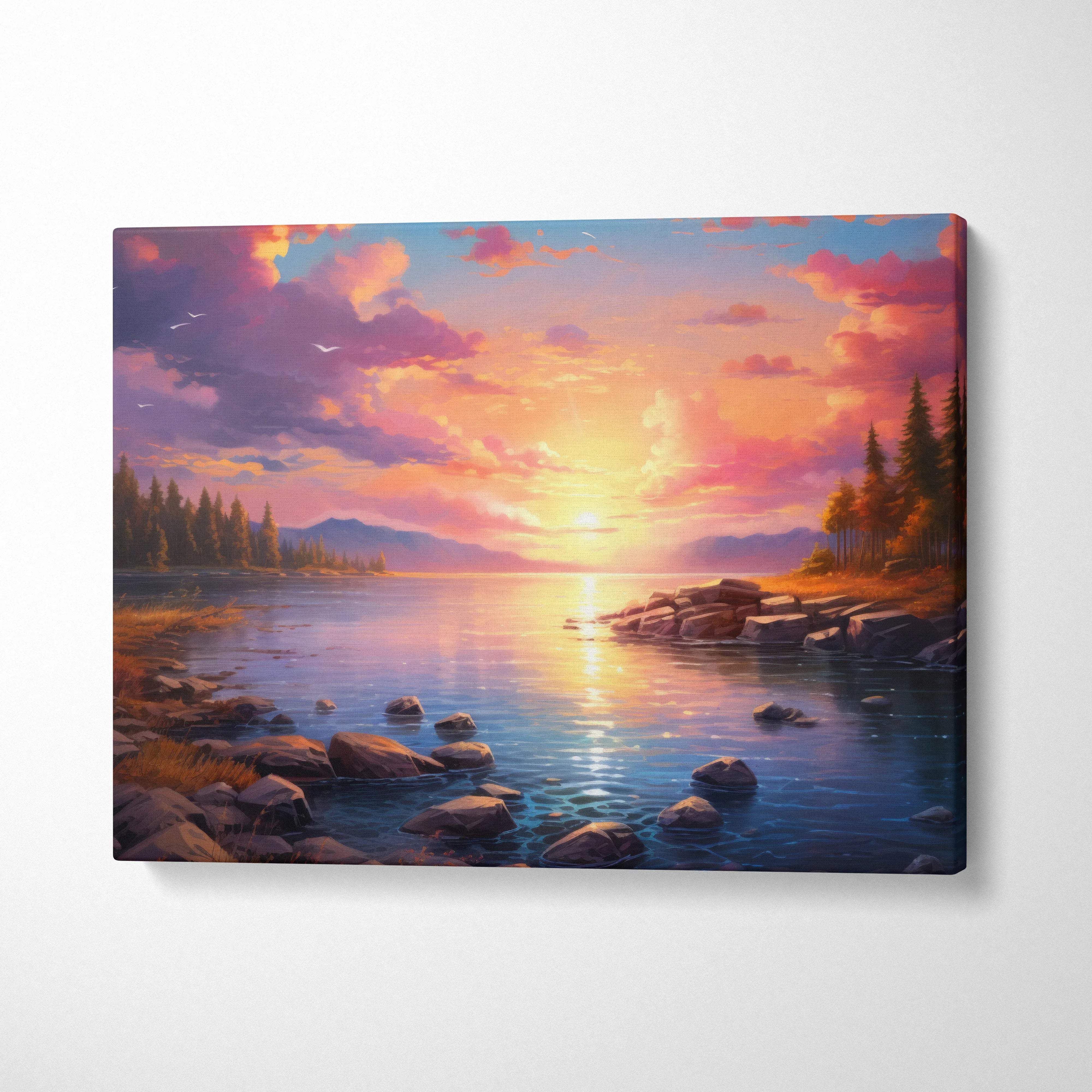 Serene lakeside sunset canvas wall art with warm orange pink skies rocks pines